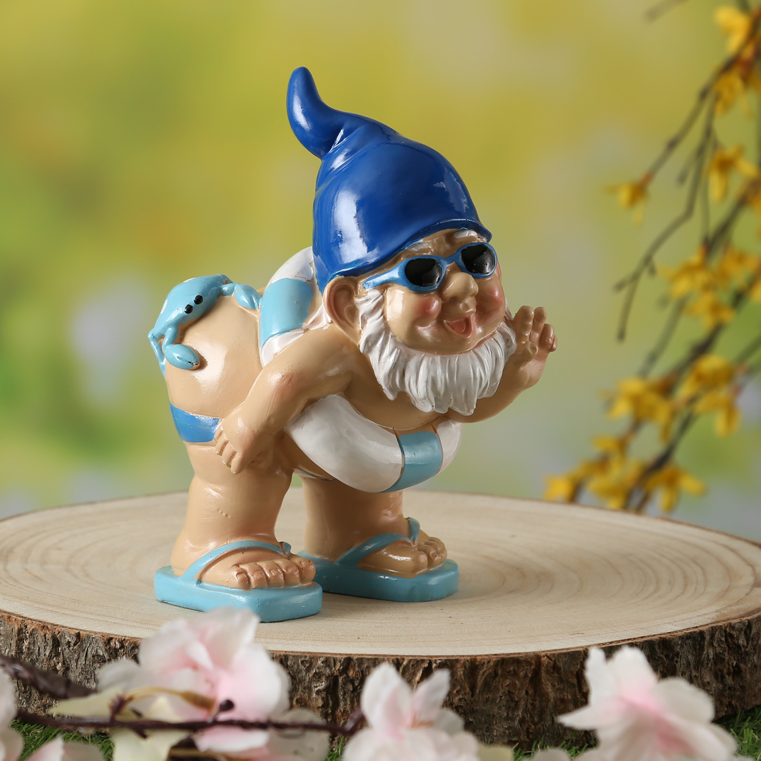 Gartenzwerg Hose Runter mit Schwimmring - Maritimer Zwerg mit Krabbe auf Po  - Polyresin - H: 18cm