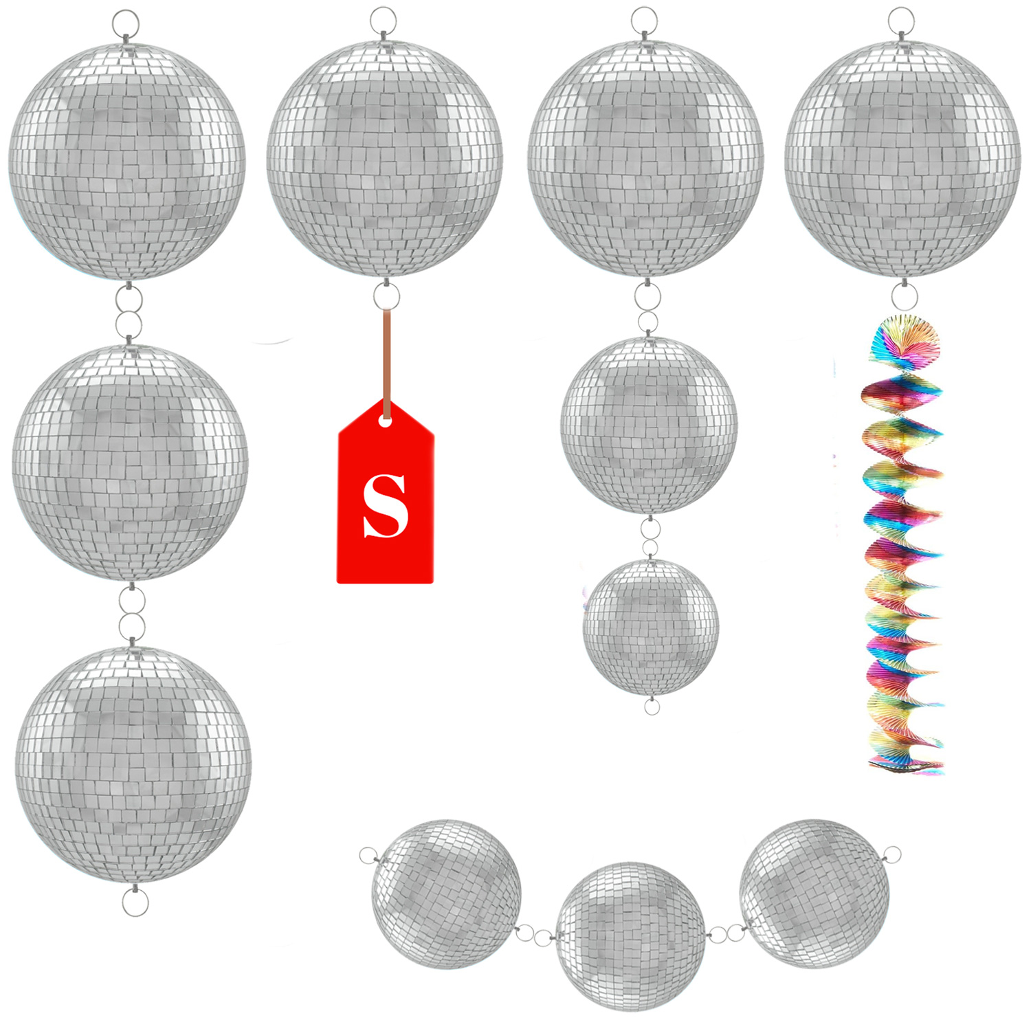 Spiegelkugel 20cm - silber - Discokugel Echtglas - 10x10mm Spiegel - PROMO - Metallöse oben + Unten