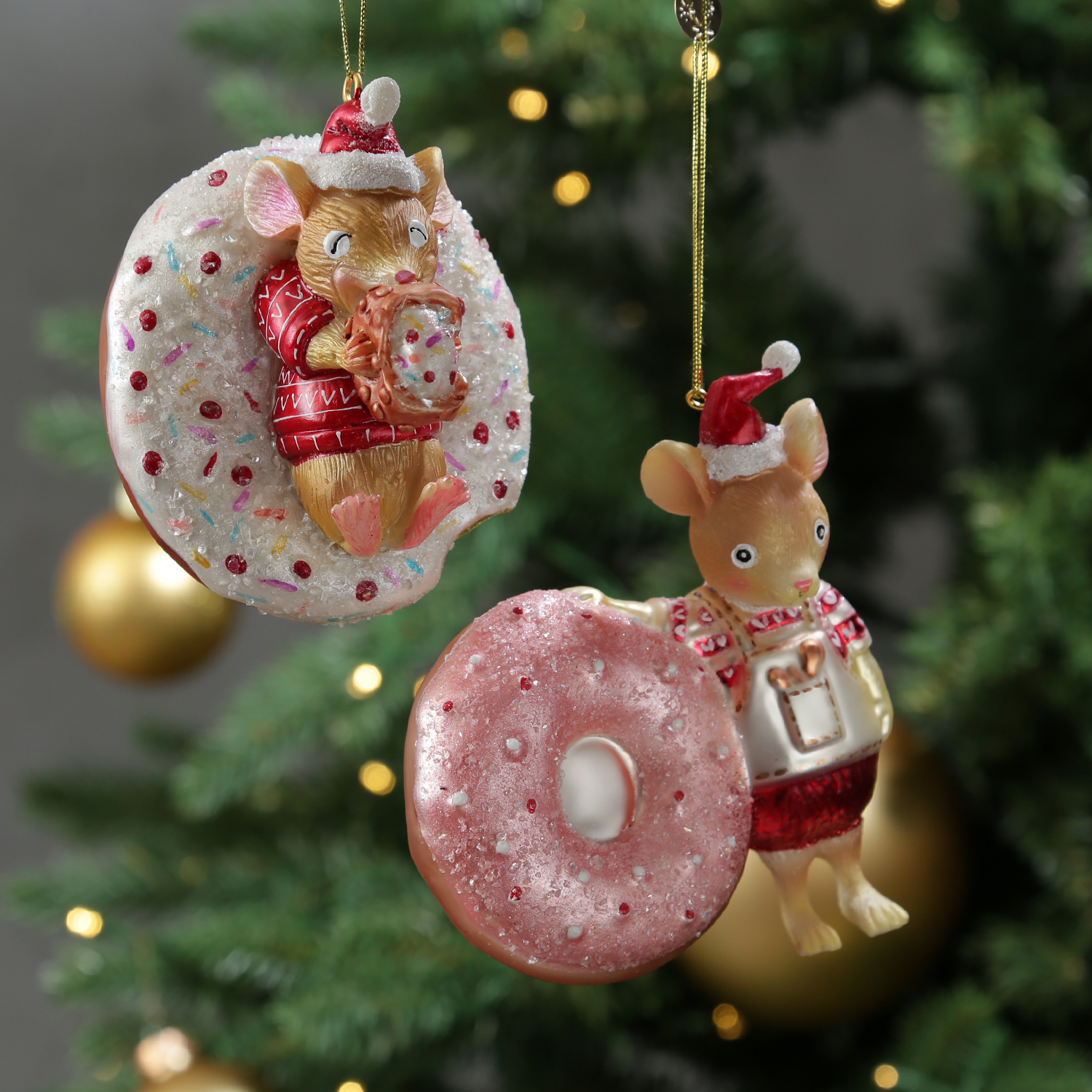 Weihnachtsbaumschmuck Mäuschen mit Donut - Christbaumschmuck - Glas - H: 10cm Weihnachtsbaumschmuck Mäuschen mit Donut - Christbaumschmuck - Glas - H: 10cm