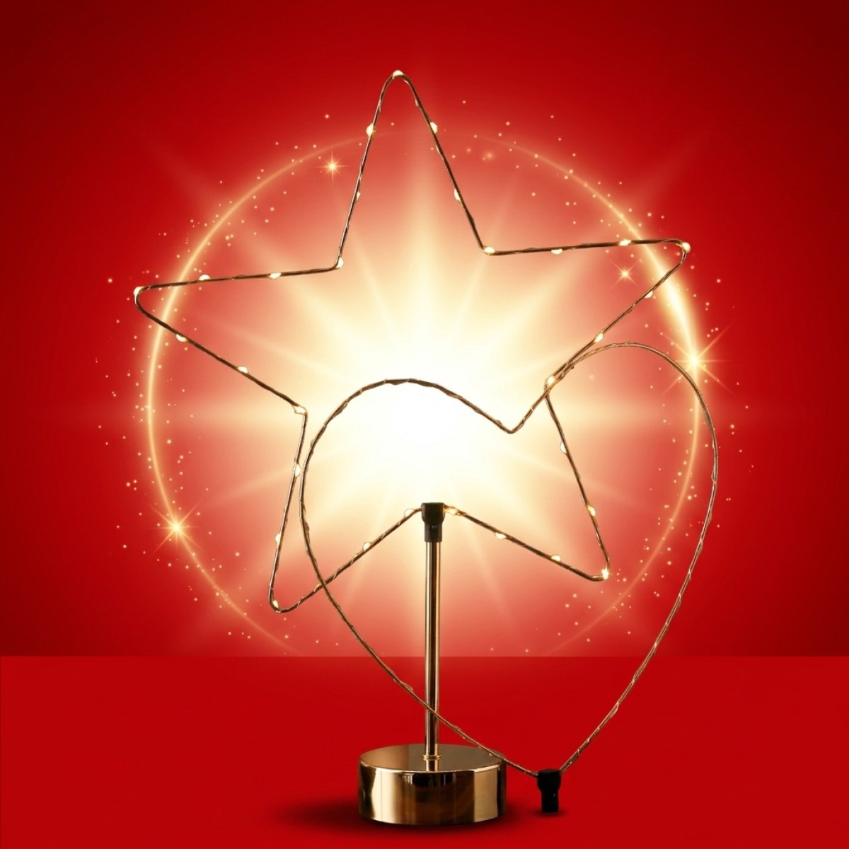 LED Stern - Kombi Dekoleuchte Herz/Stern - wechselbarer Aufsatz - H:50cm - Batterie - Timer - gold