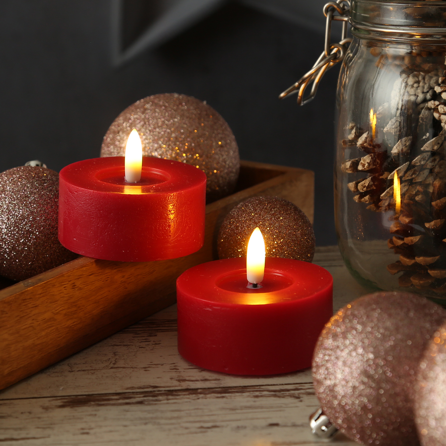 LED Maxi Teelichter LINA - Rustik-Optik - Echtwachs - Timer - D: 7cm - H: 6cm - rot - 2 Stück