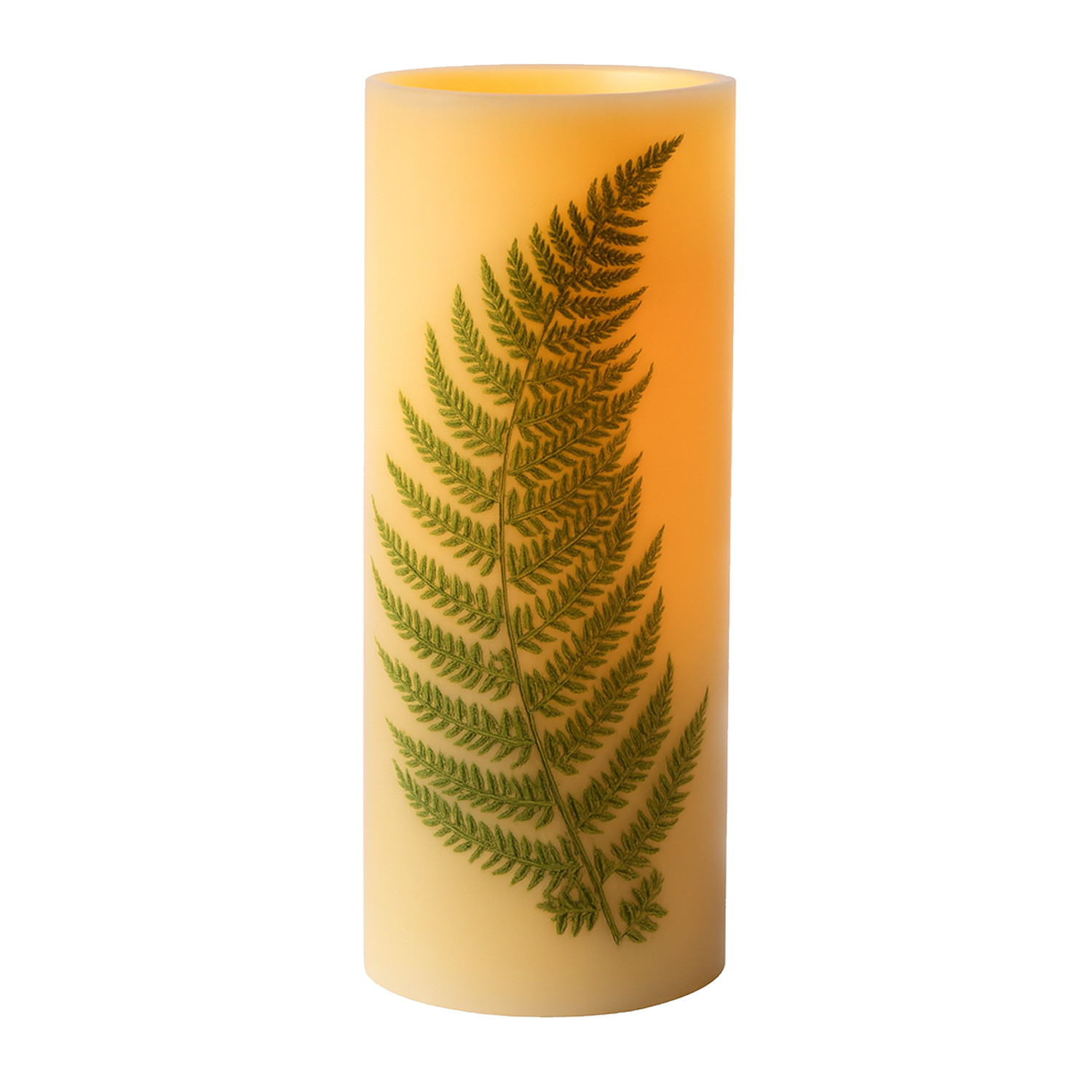 XXL LED Kerze mit Farndruck - Echtwachs - flackernde LED - H: 30cm - D: 12cm - weiß/grün