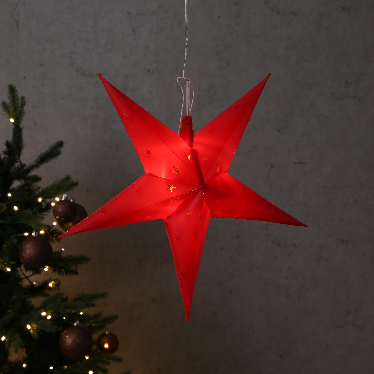 LED Stern - hängend - 5-zackig - 12 warmweiße LED - D: 45cm - Timer - Batterie - für Außen - rot LED Stern - hängend - 5-zackig - 12 warmweiße LED - D: 45cm - Timer - Batterie - für Außen - rot
