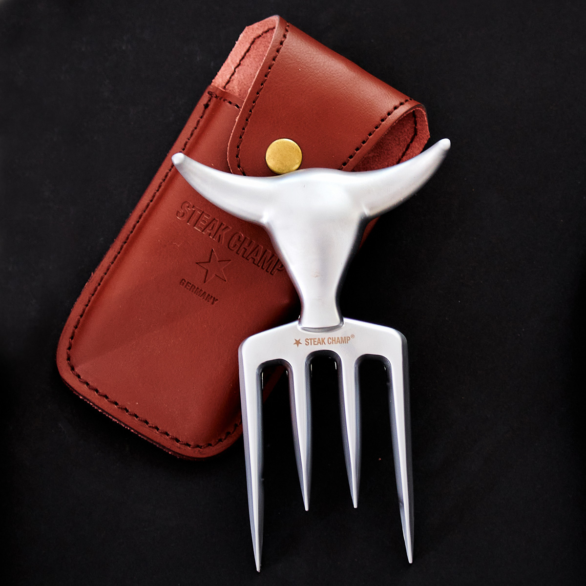 STEAK CHAMP BULL FORK Gabel mit Leder Holster - Profi Werkzeug mit Gürtelclip