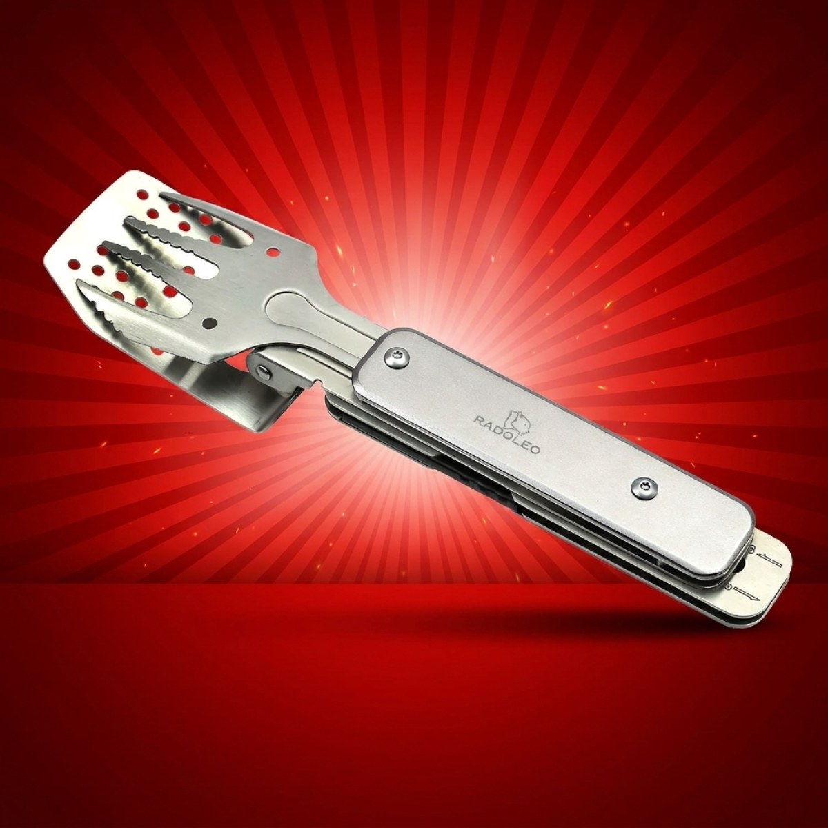 RADOLEO® Grill-Multi-Tool GENIUS POCKET Grillbesteck - Zange/Wender/Gabel/Flaschenöffner - 4in1