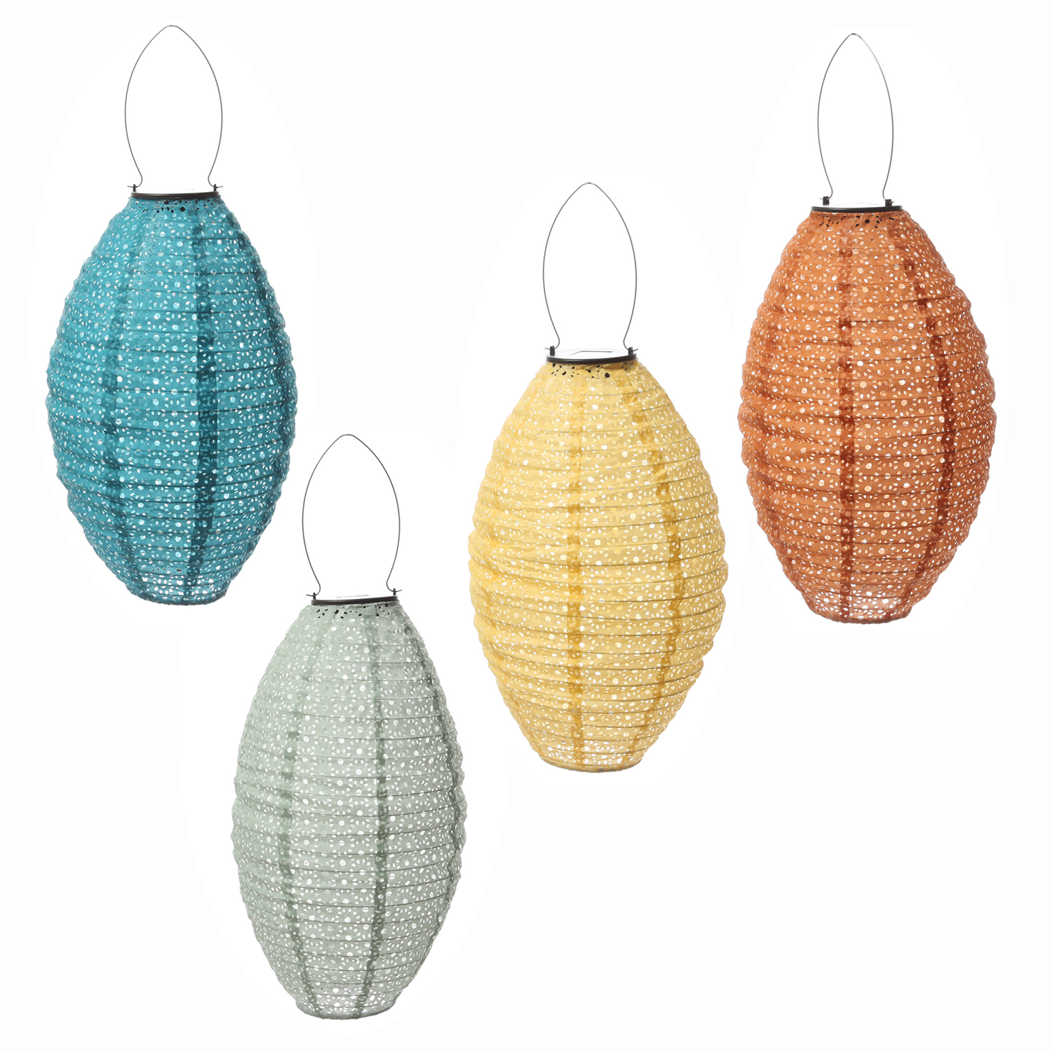 LED Solar Lampions oval - mit Blumenmuster - H: 38cm - D: 23cm - Lichtsensor - bunt - 4er Set