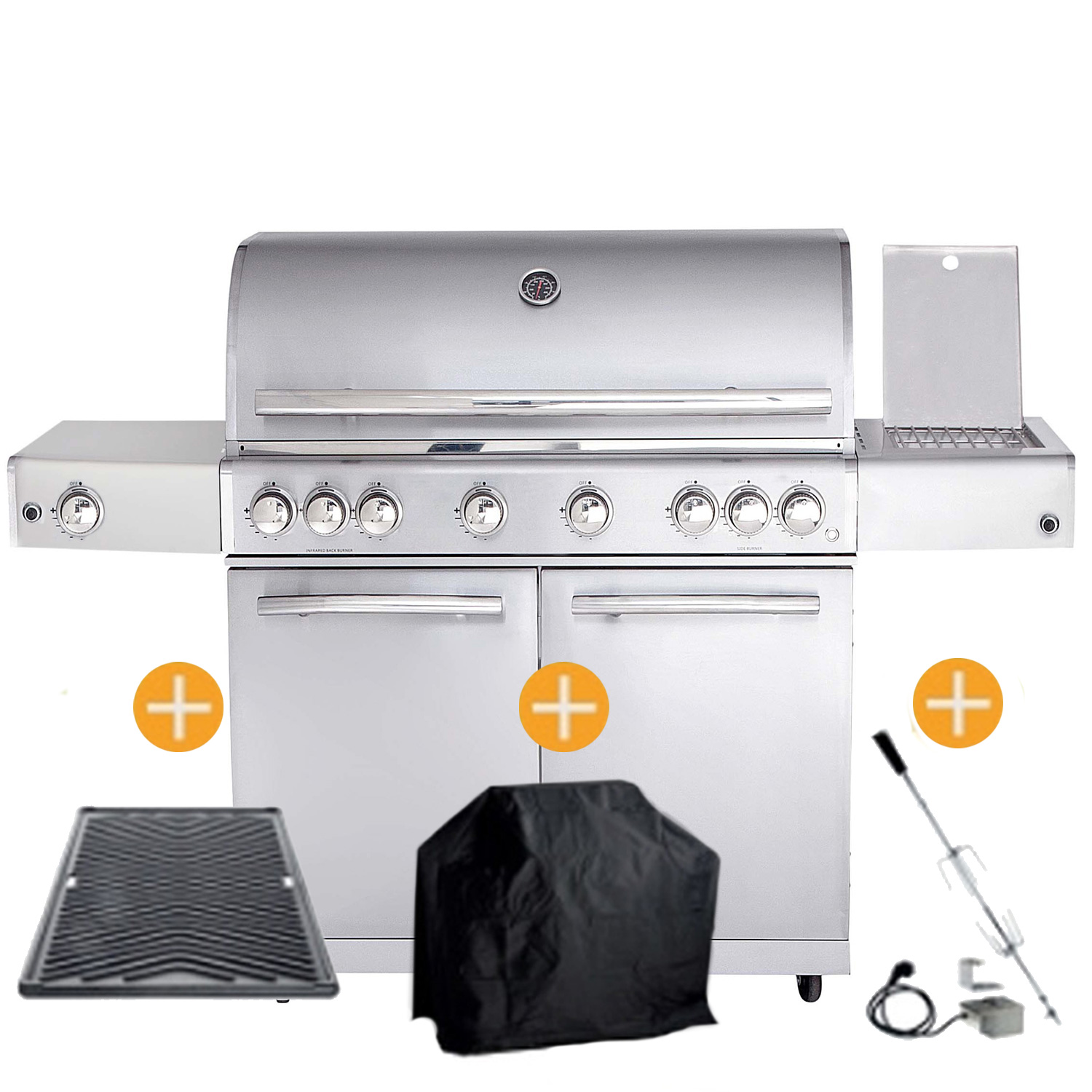 CHEF Paket XL1 silber 6 Brenner Backburner Seitenkocher GRATIS: Cover, Grillplatte, Spieß