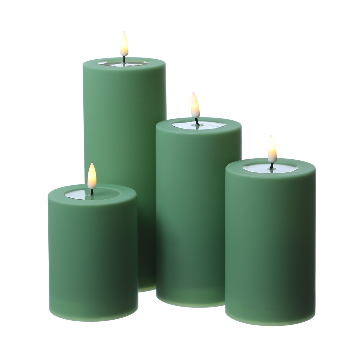 LED Stumpenkerze MIA - Kunststoff - realistische 3D Flamme - H: 15cm - outdoor - grün LED Stumpenkerze MIA - Kunststoff - realistische 3D Flamme - H: 15cm - outdoor - grün