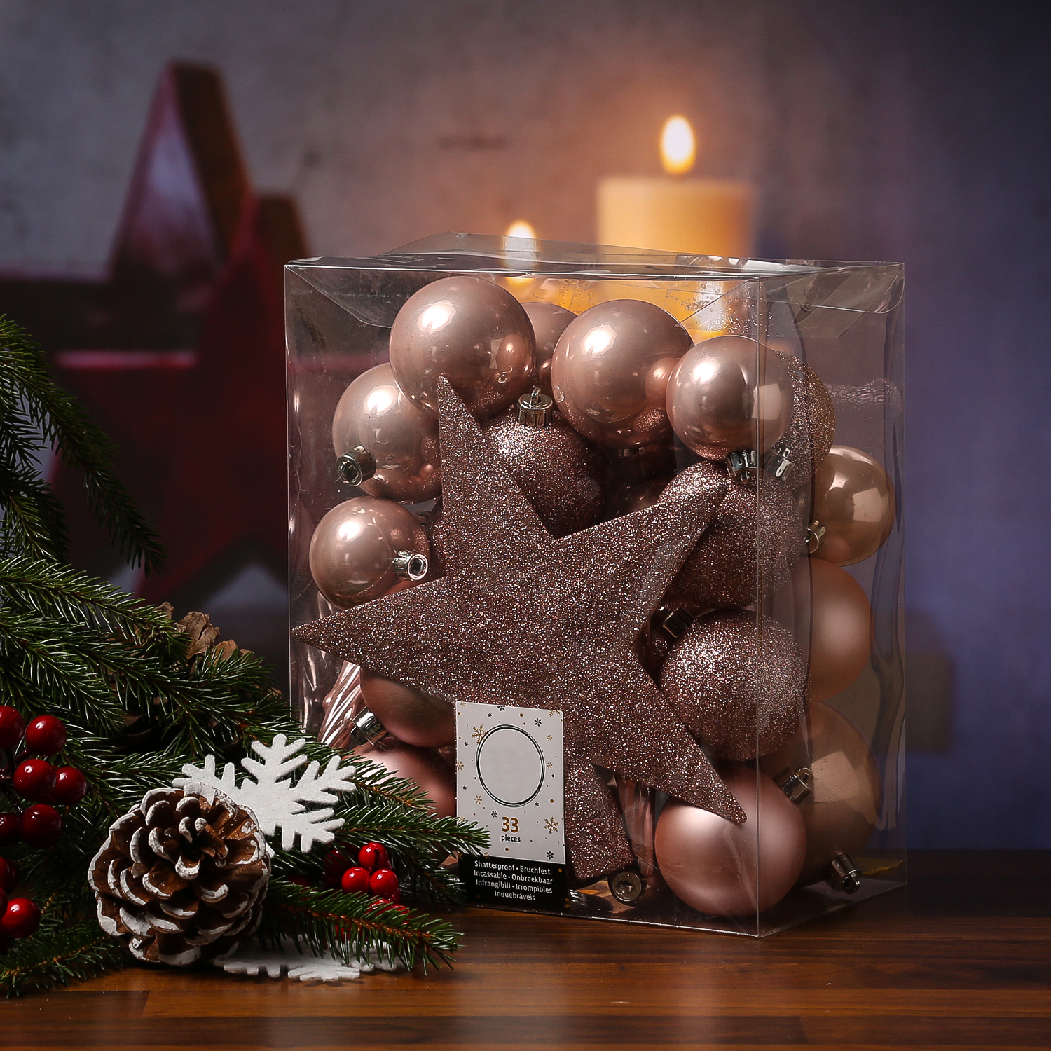 Christbaumkugel - Weihnachtsbaumkugel - bruchfest - glänzend matt glitzernd - puderrosa - 33er Set