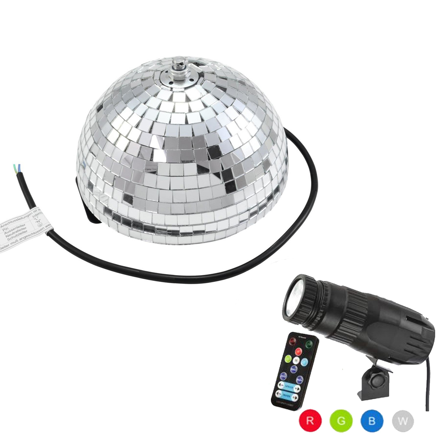 Spiegelkugel Komplettset - Discokugel, Motor, Pinspot, Montagematerial für Diskokugel - Mirrorball Set - Partyset