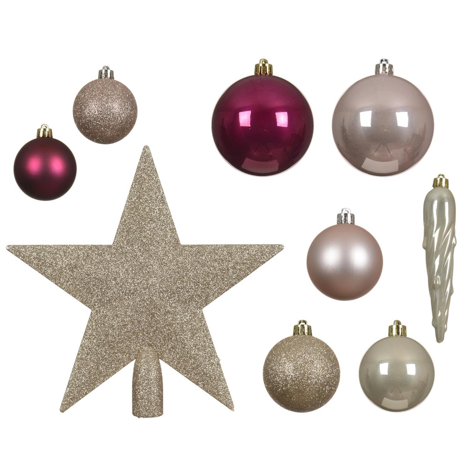 Christbaumkugeln - Weihnachtsbaumkugeln mit Stern Baumspitze - bruchfest - pink, rosa - 33er Set Christbaumkugeln - Weihnachtsbaumkugeln mit Stern Baumspitze - bruchfest - pink, rosa - 33er Set