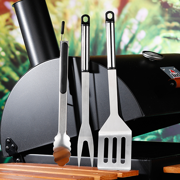 Grillbesteck Set - 3teilig - Wender, Gabel, Zange - Edelstahl