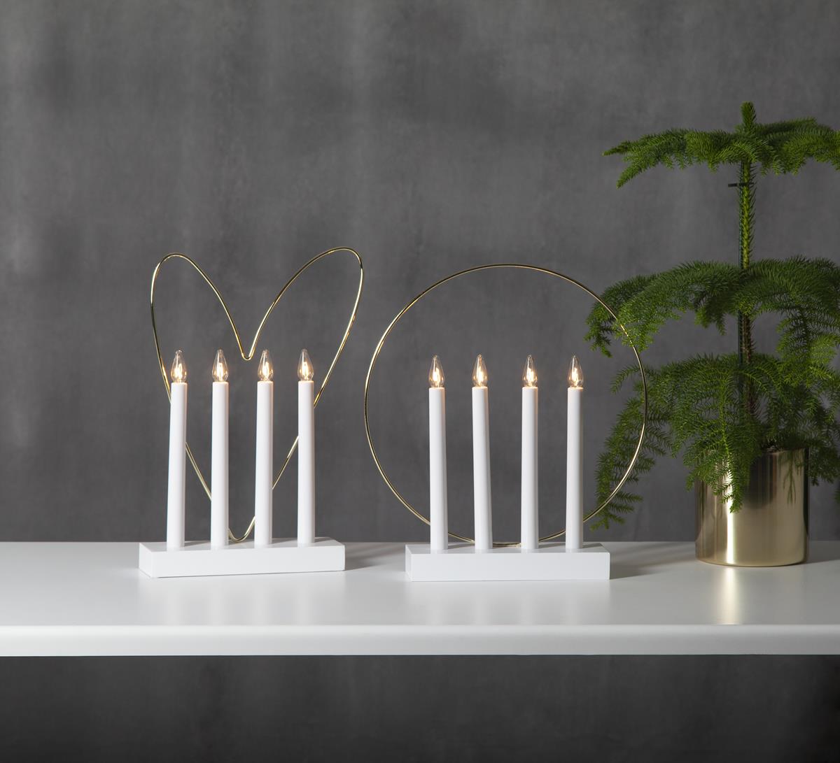 Fensterleuchter/Stimmungsleuchter Glossy - 4 klare Glühlampen - Holz - H: 35 cm - f. Innen - weiß - gold Fensterleuchter/Stimmungsleuchter Glossy - 4 klare Glühlampen - Holz - H: 35 cm - f. Innen - weiß - gold
