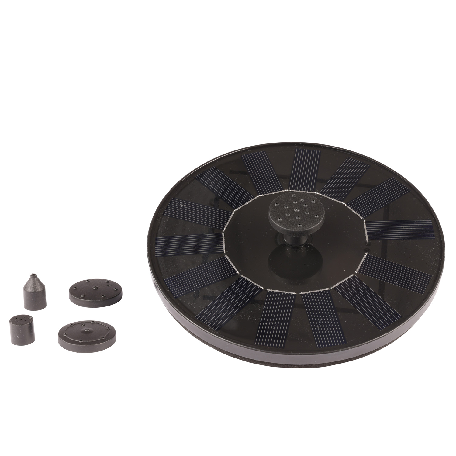 Solar Teichpumpe - schwimmende Fontäne - Kunststoff - D: 16cm - 4 Aufsätze - schwarz Solar Teichpumpe - schwimmende Fontäne - Kunststoff - D: 16cm - 4 Aufsätze - schwarz