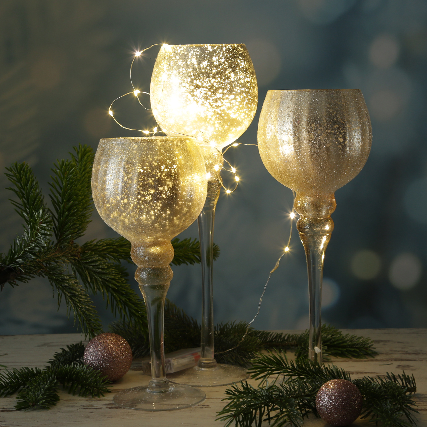 Kerzenhalter Kelch - Windlicht - Glas - H: 30cm/35cm/40cm - glitzernd - gold - 3er Set