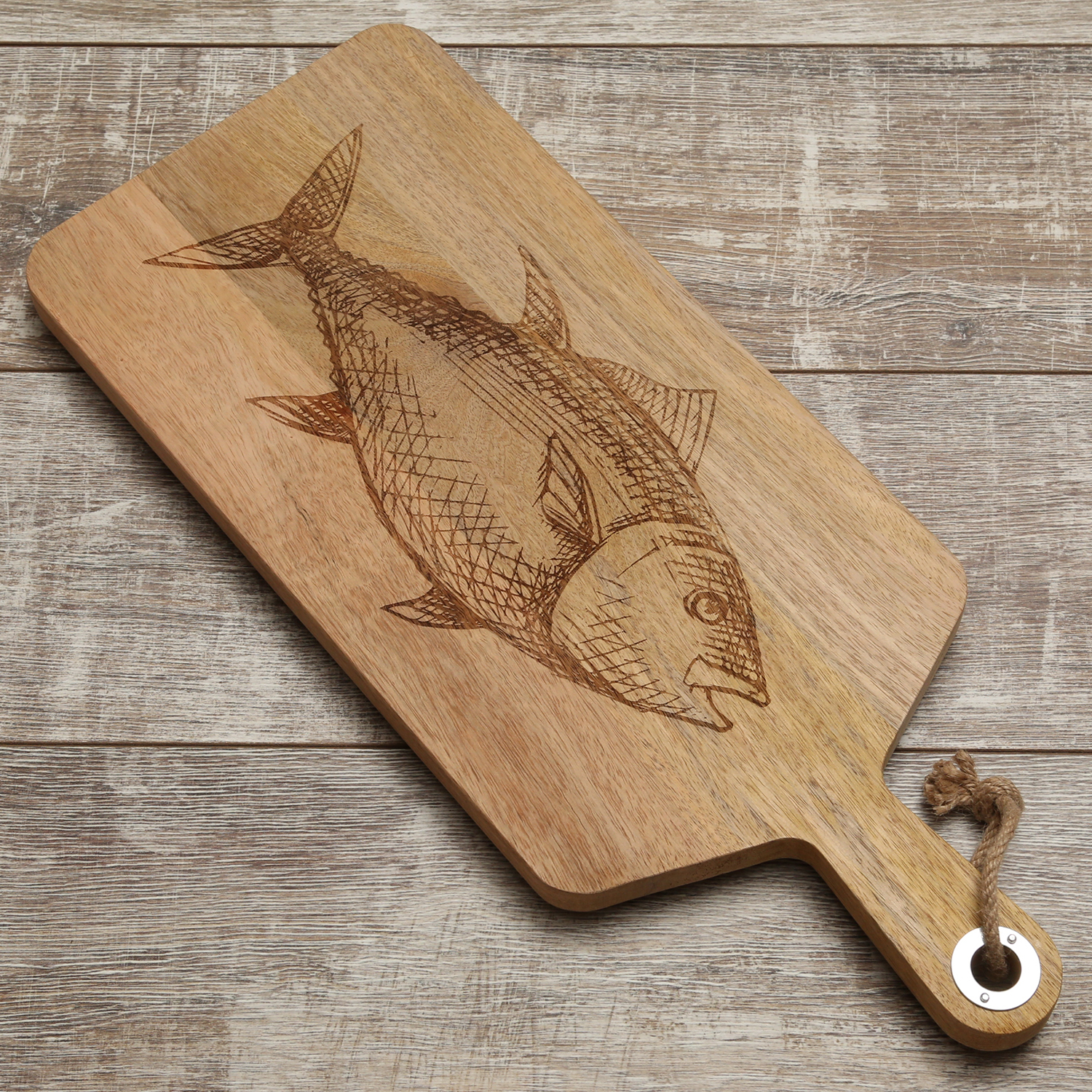 Schneidebrett - Vesperbrett - Fischmotiv - Mangoholz - Kordel - L: 58cm - natur