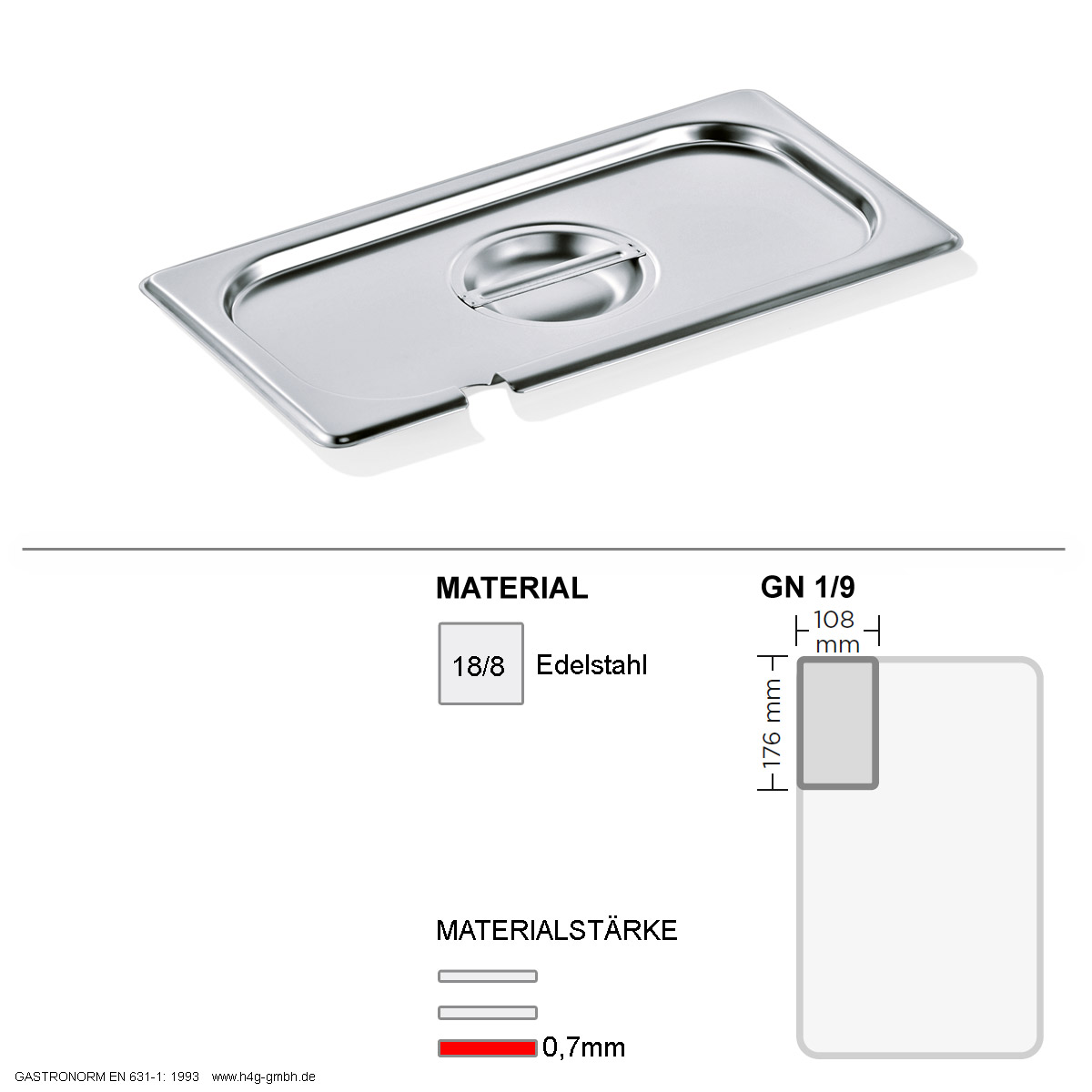 Gastronorm Deckel GN 1/9 - mit Löffelaussparung -  GN90 - 18/8 Edelstahl - 0,7mm