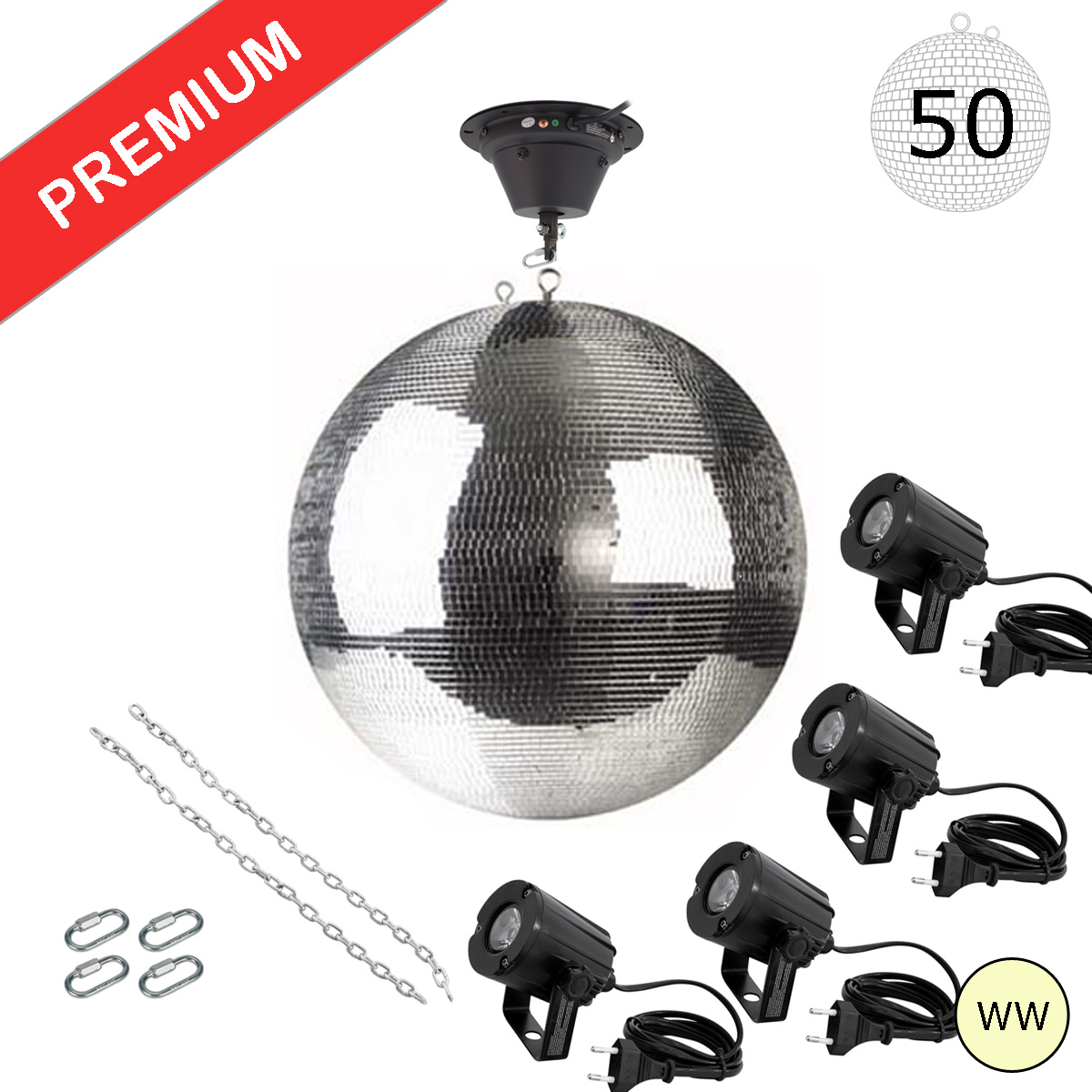 Spiegelkugel Komplettset - Discokugel, Motor, Pinspot, Montagematerial für Diskokugel - Mirrorball Set - Partyset Spiegelkugel Komplettset - Discokugel, Motor, Pinspot, Montagematerial für Diskokugel - Mirrorball Set - Partyset