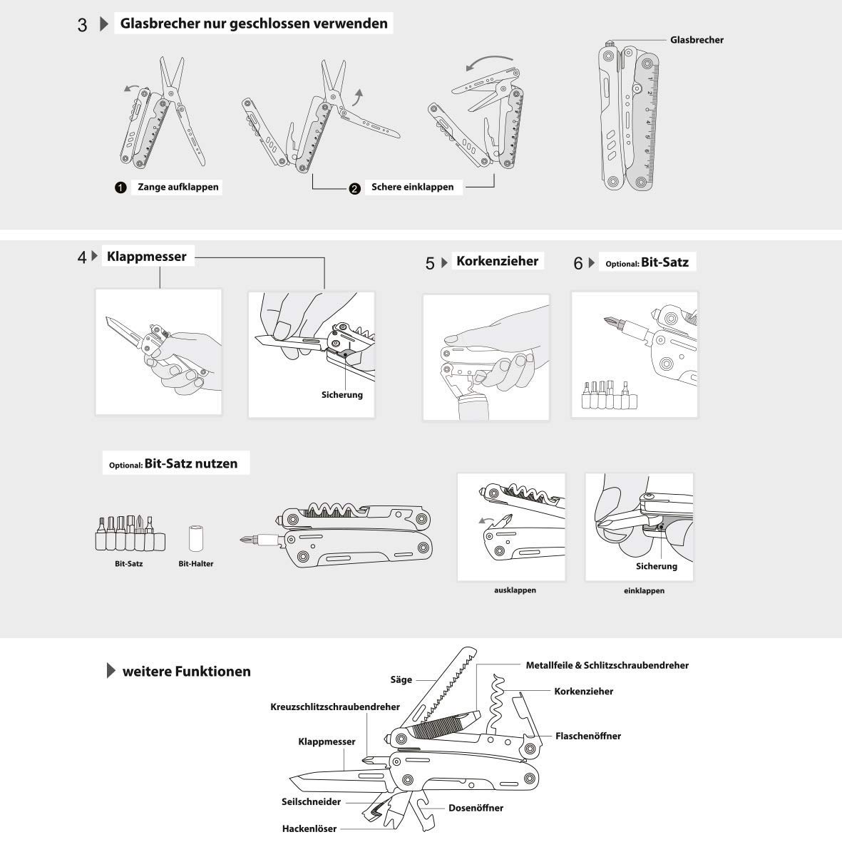 GORANDO® Multitool – 16in1 CITY JUNGLE | Multifunktions Taschenmesser | Edelstahl Werkzeuge zum Klappen | große Schere