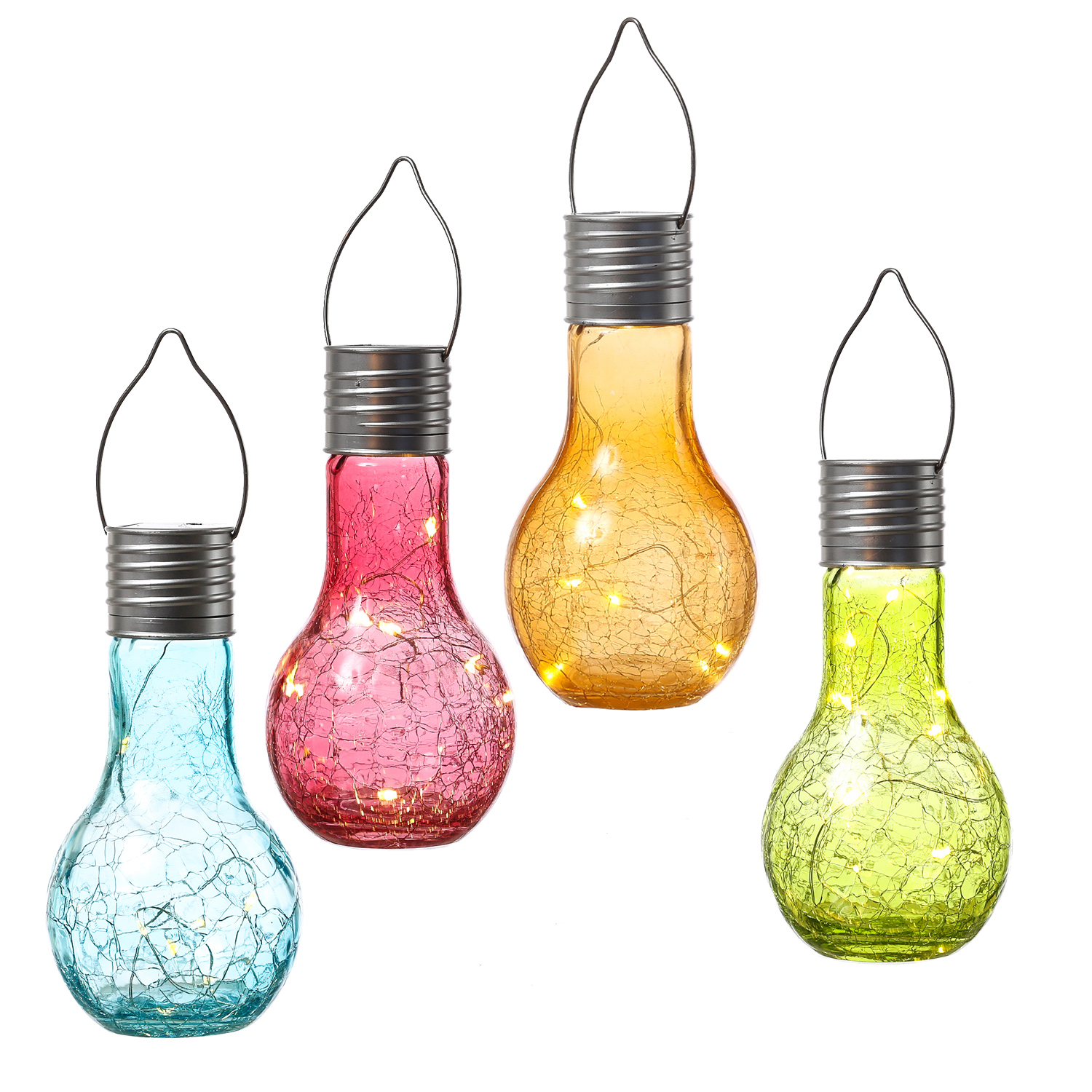 LED Solar Glühbirnen CRACKLE GLOW - warmweiße LED Drahtlichterkette - H: 17cm - bunt - 4er Set