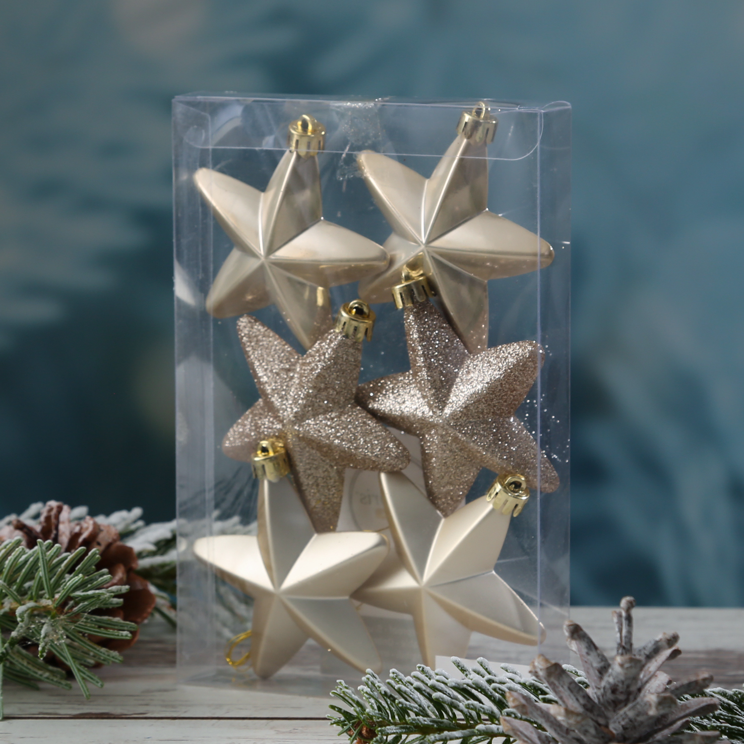 Christbaumschmuck STERN - Weihnachtsschmuck - bruchfest - glänzend matt glitzernd - creme - 6er Set