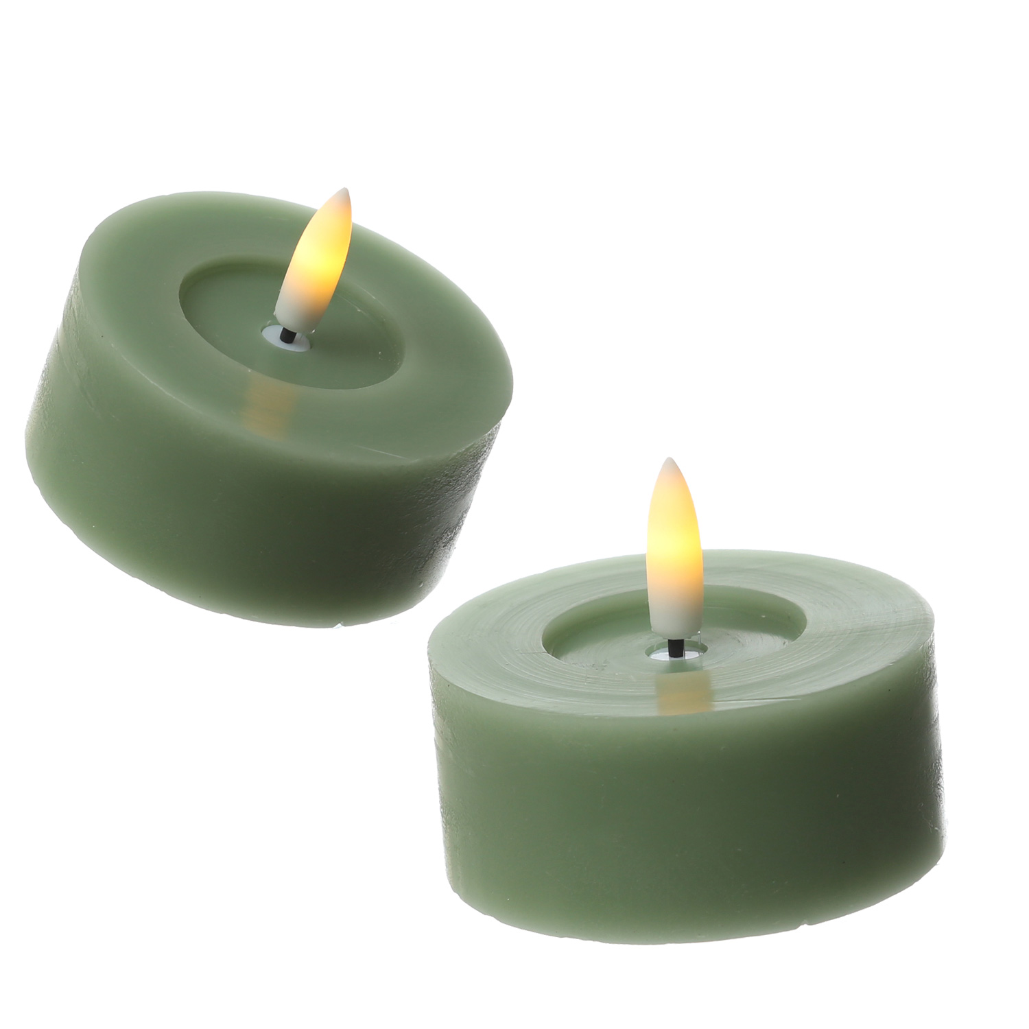 LED Maxi Teelichter LINA - Rustik-Optik - Echtwachs - Timer - D: 7cm - H: 6cm - grün - 2 Stück
