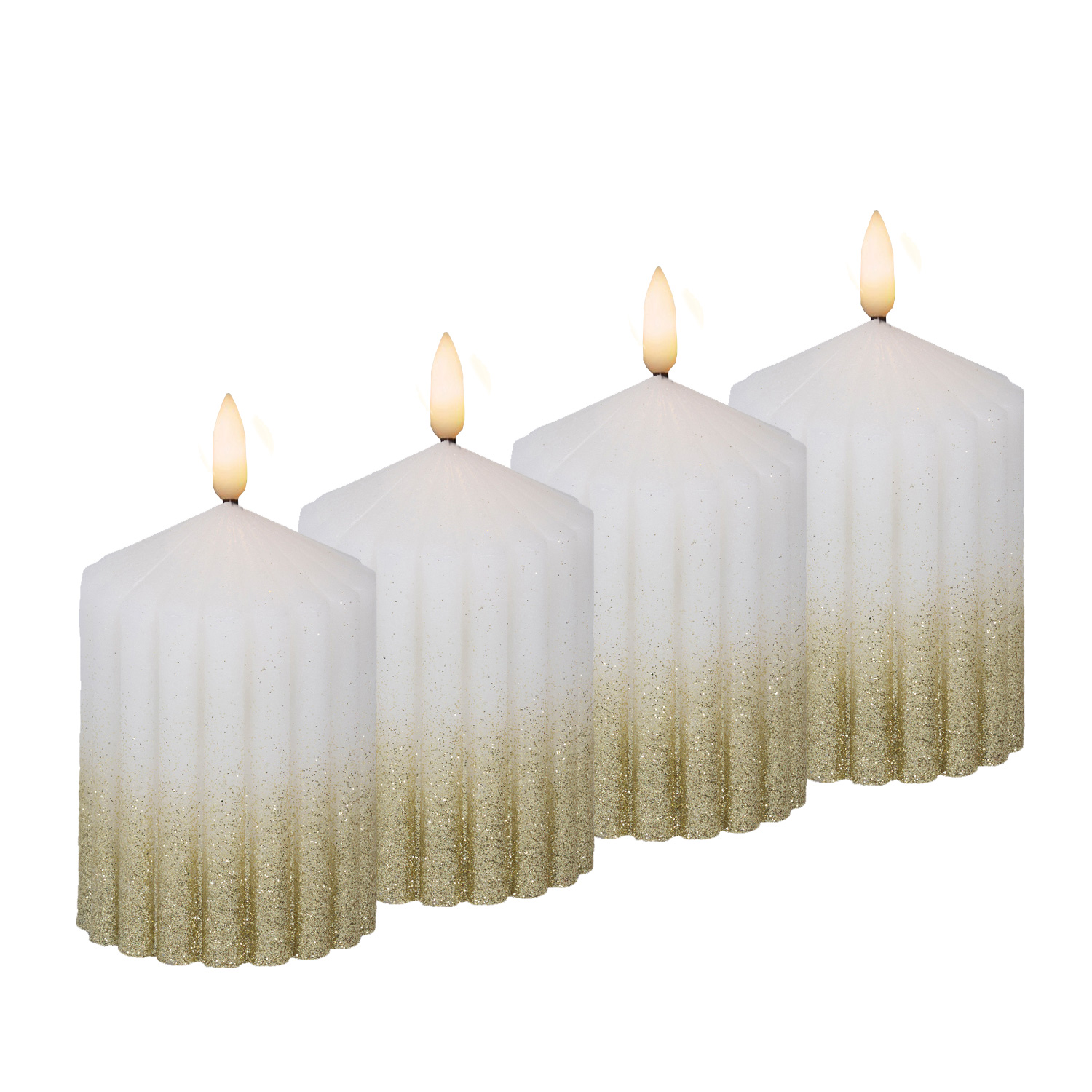 LED Kerzenset LIV - gerillt - Echtwachs - H: 10cm - D: 7cm - Timer - weiß/gold - 4er Set LED Kerzenset LIV - gerillt - Echtwachs - H: 10cm - D: 7cm - Timer - weiß/gold - 4er Set