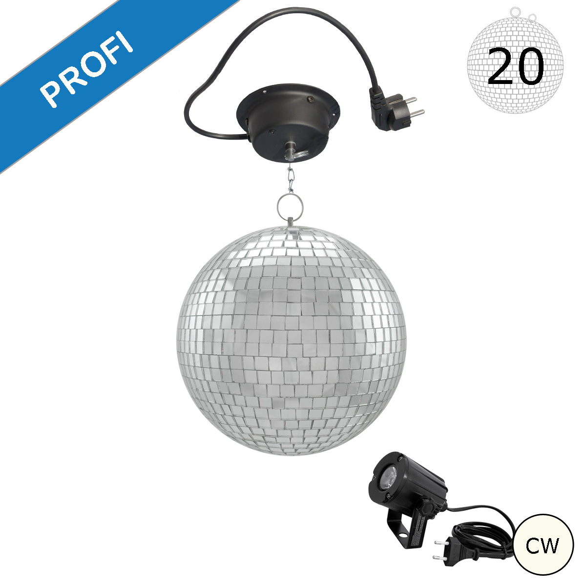 Spiegelkugel Komplettset - Discokugel, Motor, Pinspot, Montagematerial für Diskokugel - Mirrorball Set - Partyset