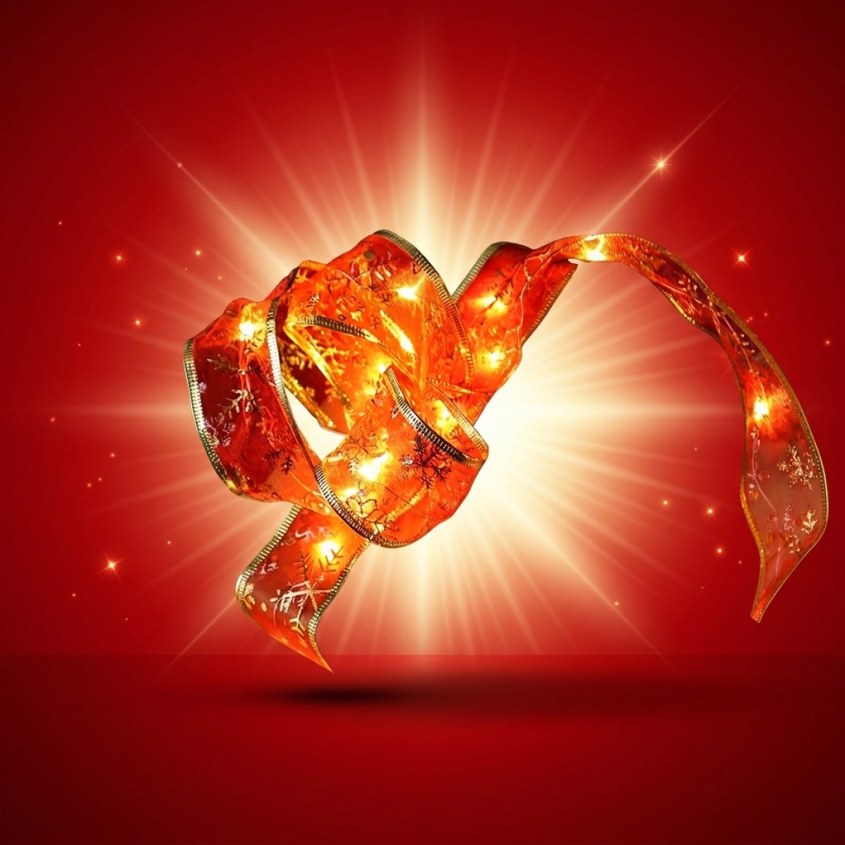 LED Seidenband Lichterkette - Geschenkband - Schneeflockenmotiv - 30 LED - L: 2,7m - Batterie - rot