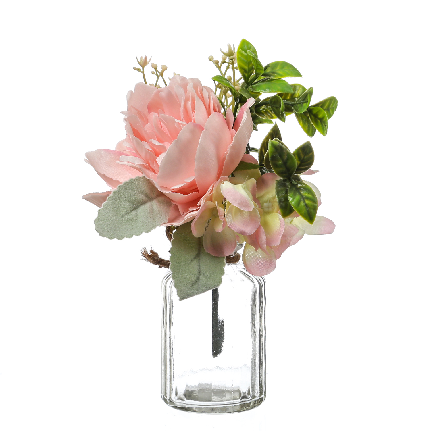 Kunstblumenstrauß in Mini Glasvase - Pfingstrose und Hortensie in Blumenvase - H: 20cm - rosa Kunstblumenstrauß in Mini Glasvase - Pfingstrose und Hortensie in Blumenvase - H: 20cm - rosa