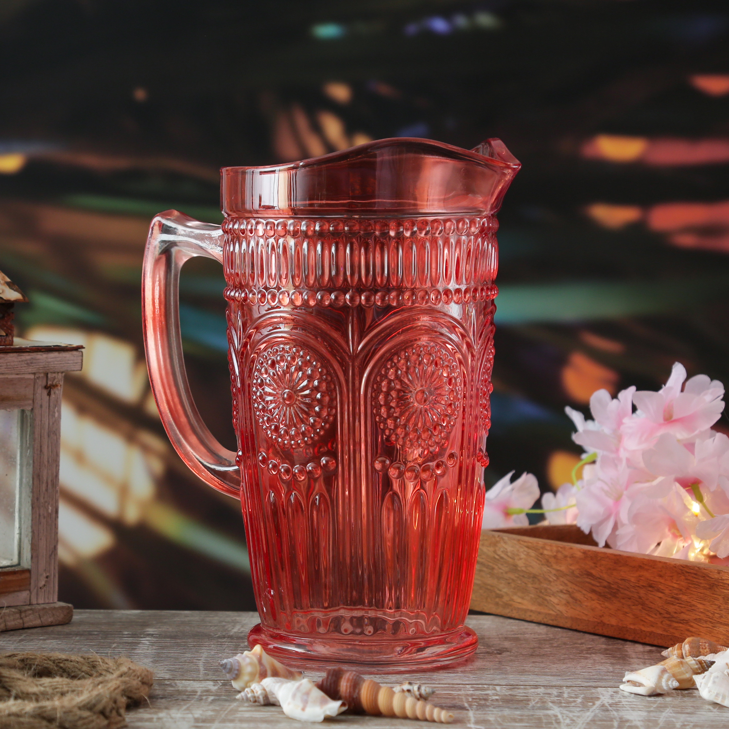 Krug Vintage mit Blumenmuster - Glas - Kanne - Boho Stil - 1,4l - rot