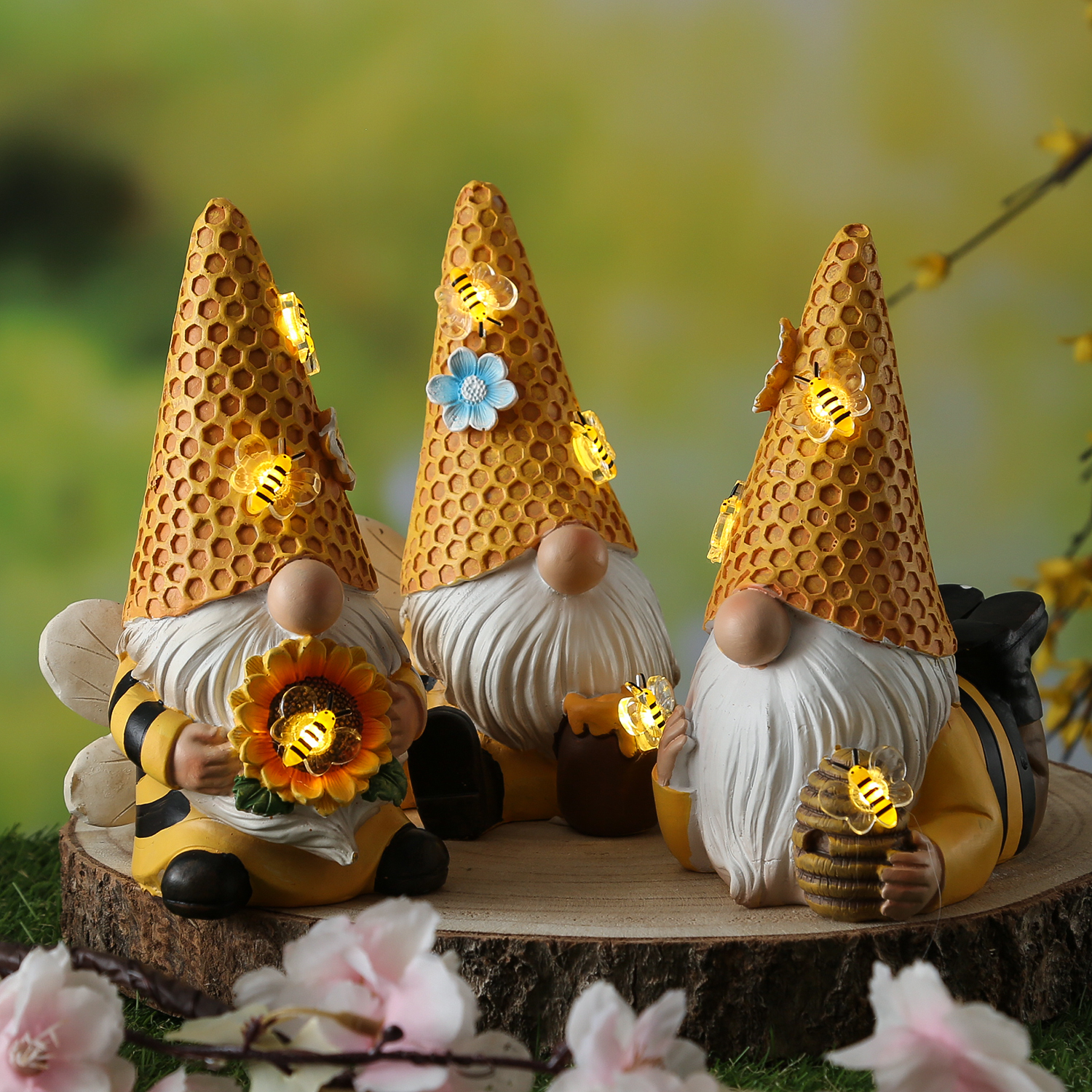 LED Solar Gartenzwerg Biene mit Blume - Gartenfigur - warmweiße LED - Lichtsensor - H: 17,5cm