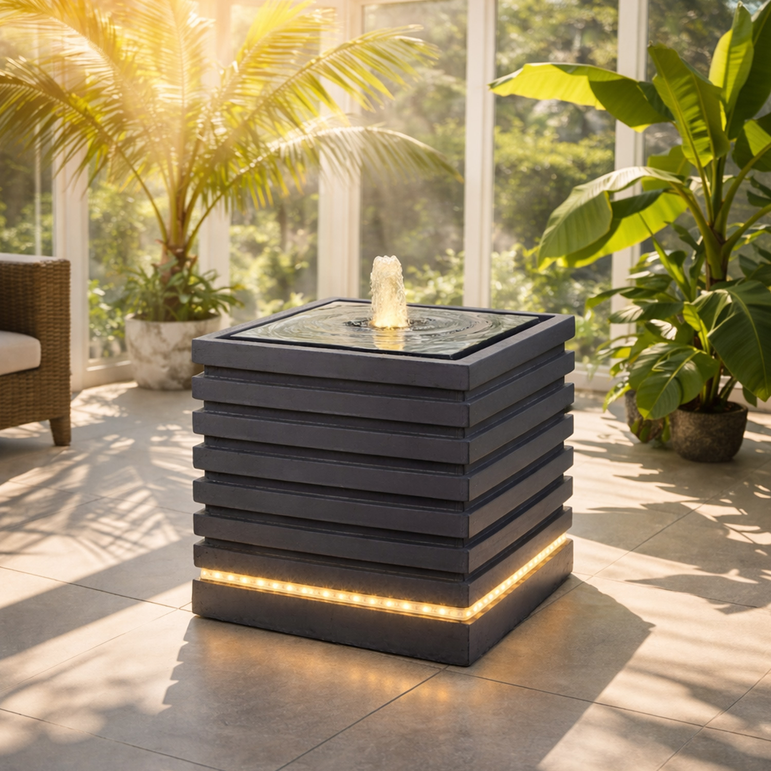 Brunnen Würfel mit Rippen - LED Beleuchtung - 35cm - Kreislaufpumpe