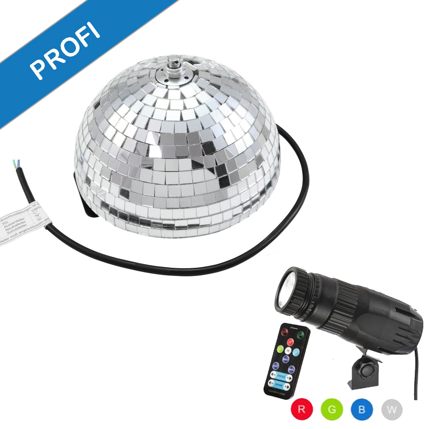 Spiegelkugel Komplettset - Discokugel, Motor, Pinspot, Montagematerial für Diskokugel - Mirrorball Set - Partyset