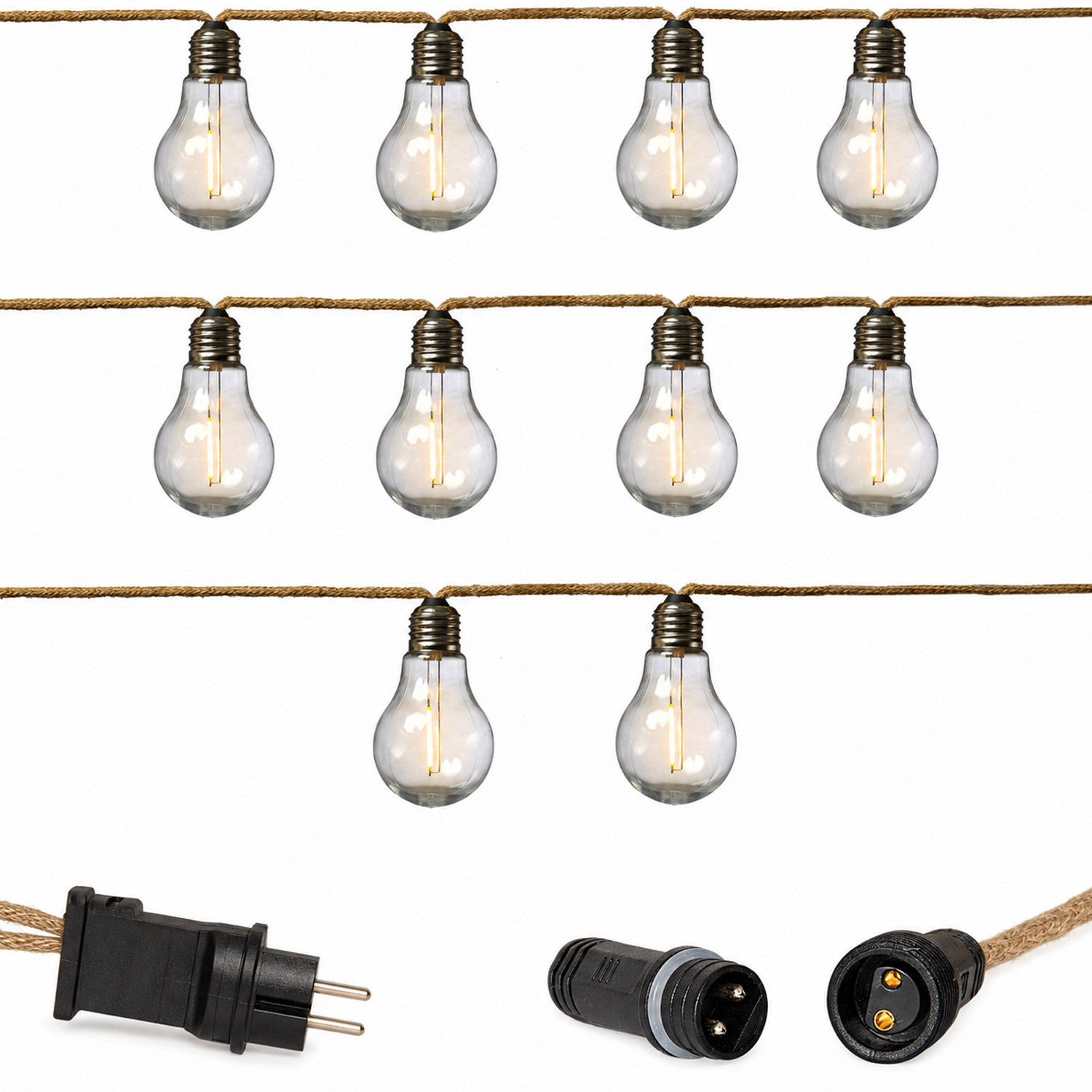 LED Lichterkette 10 Glühbirnen an Juteseil - L: 4,5m - koppelbar bis 30 Lichter - Timer - für Außen