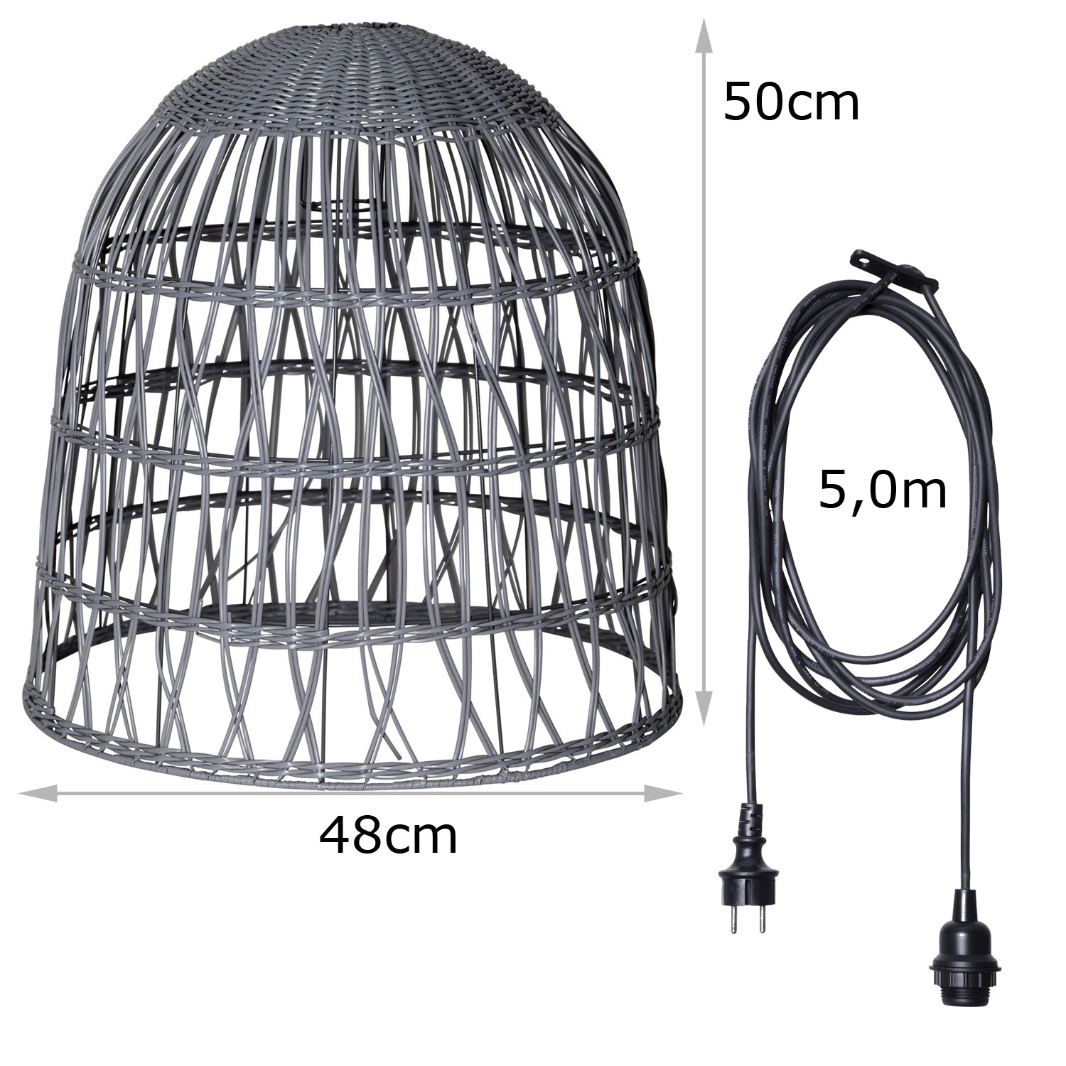 Lampenschirm BELL wetterfest - Rattan-Optik - mit E27 Kabelfassung - D: 48cm/H: 50cm - grau