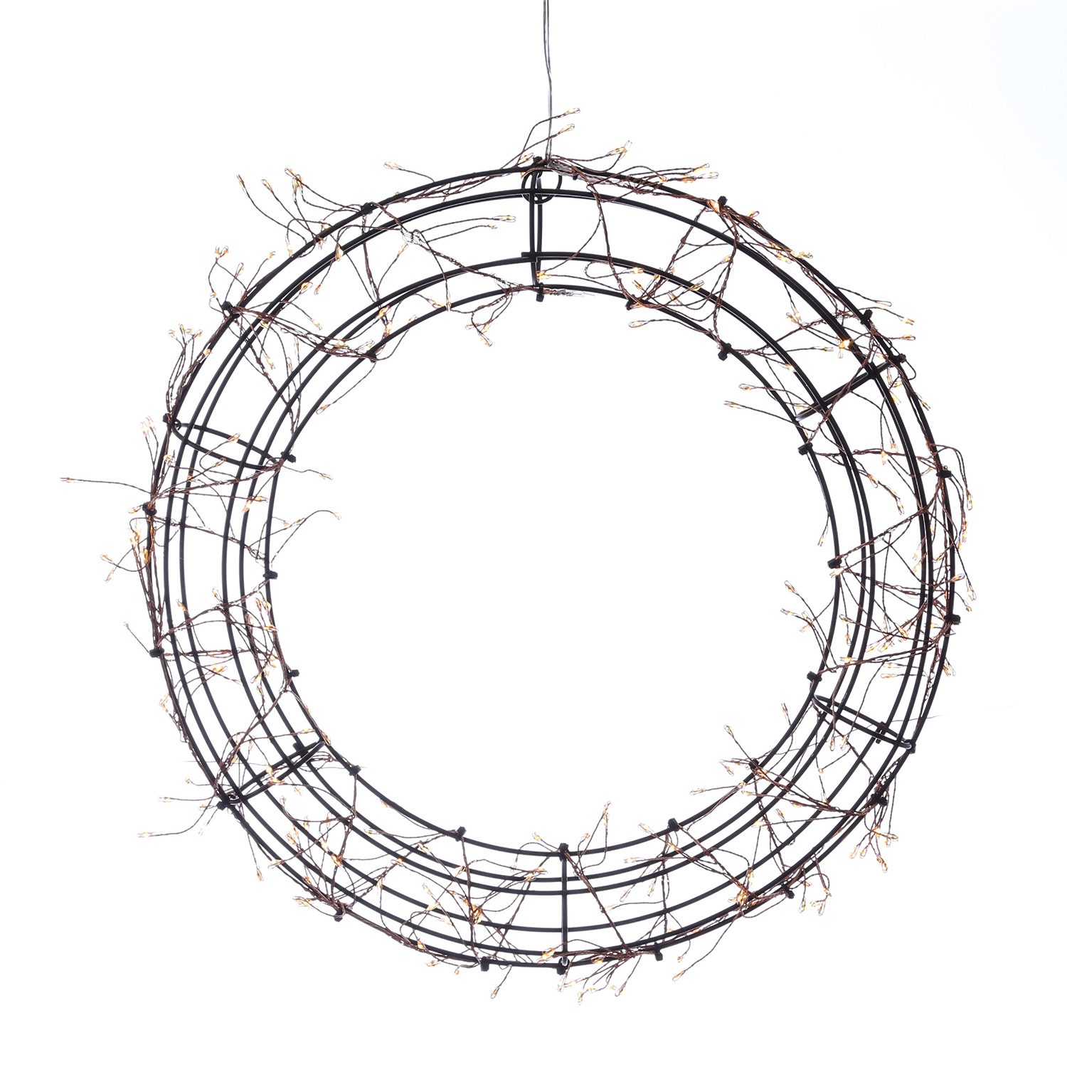 LED Metallkranz - hängend - je 150 warmweiße/bernsteinfarbene LED - D: 38cm - Außentrafo - schwarz