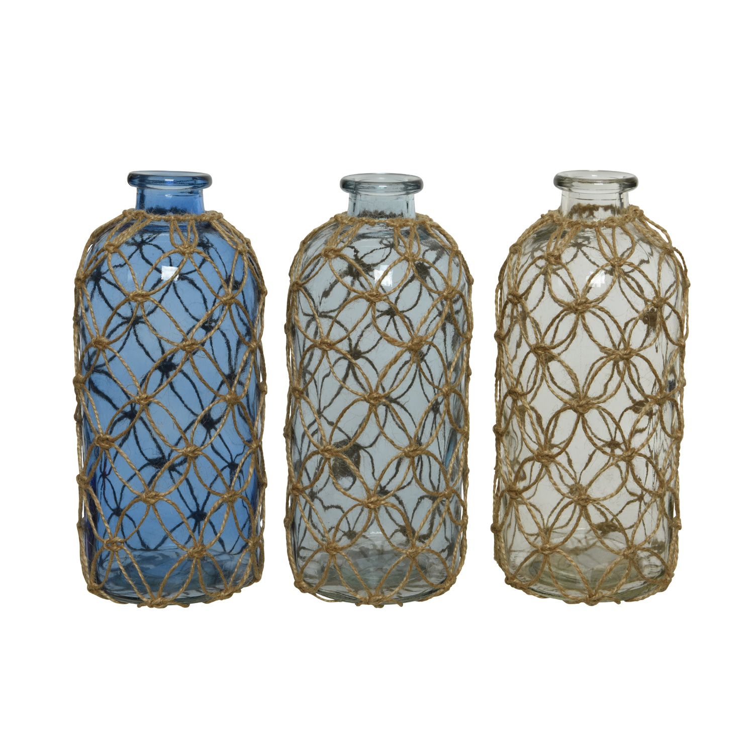 Dekoflasche MARITIM mit Netz - Glasvase - Juteseil Deko - H: 25cm - transparent Dekoflasche MARITIM mit Netz - Glasvase - Juteseil Deko - H: 25cm - transparent