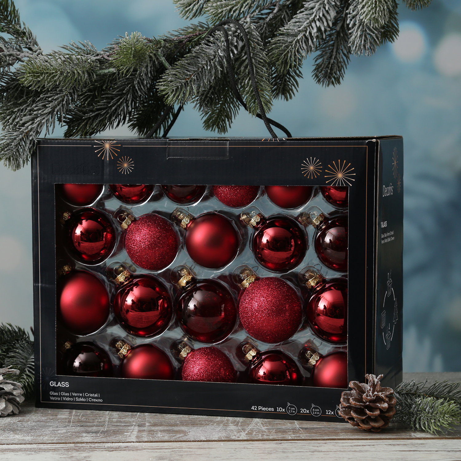 Christbaumkugel - Weihnachtsbaumkugel - Glas - glänzend, matt, glitzernd - rot - 42 Stück