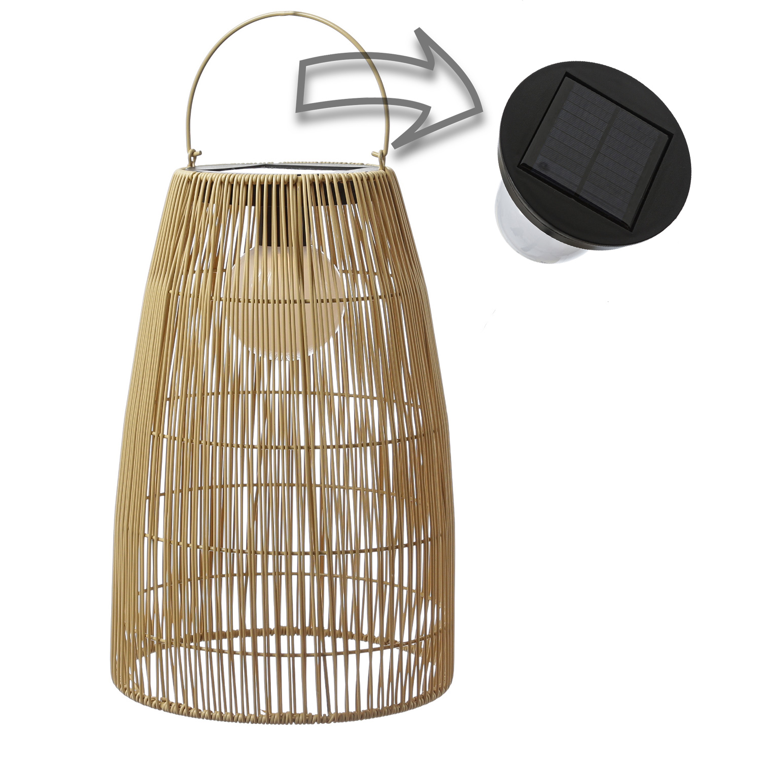 LED Solar Laterne-Haengeleuchte - Rattanoptik  - warmweisse LED - H- 43cm - Lichtsensor - natur