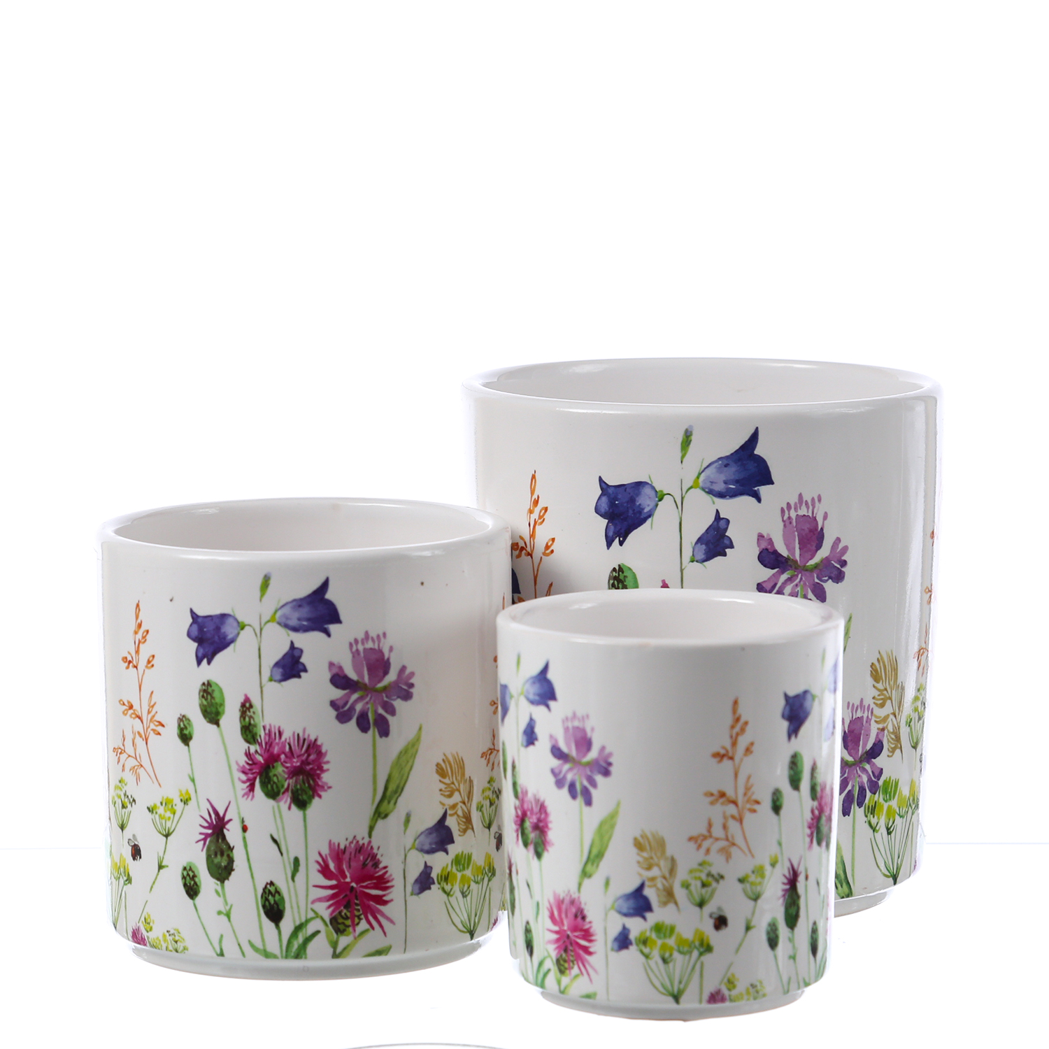 Blumentöpfe mit Wildblumen Motiv - Übertöpfe - 3 verschiedene Größen - bunt - 3er Set Blumentöpfe mit Wildblumen Motiv - Übertöpfe - 3 verschiedene Größen - bunt - 3er Set
