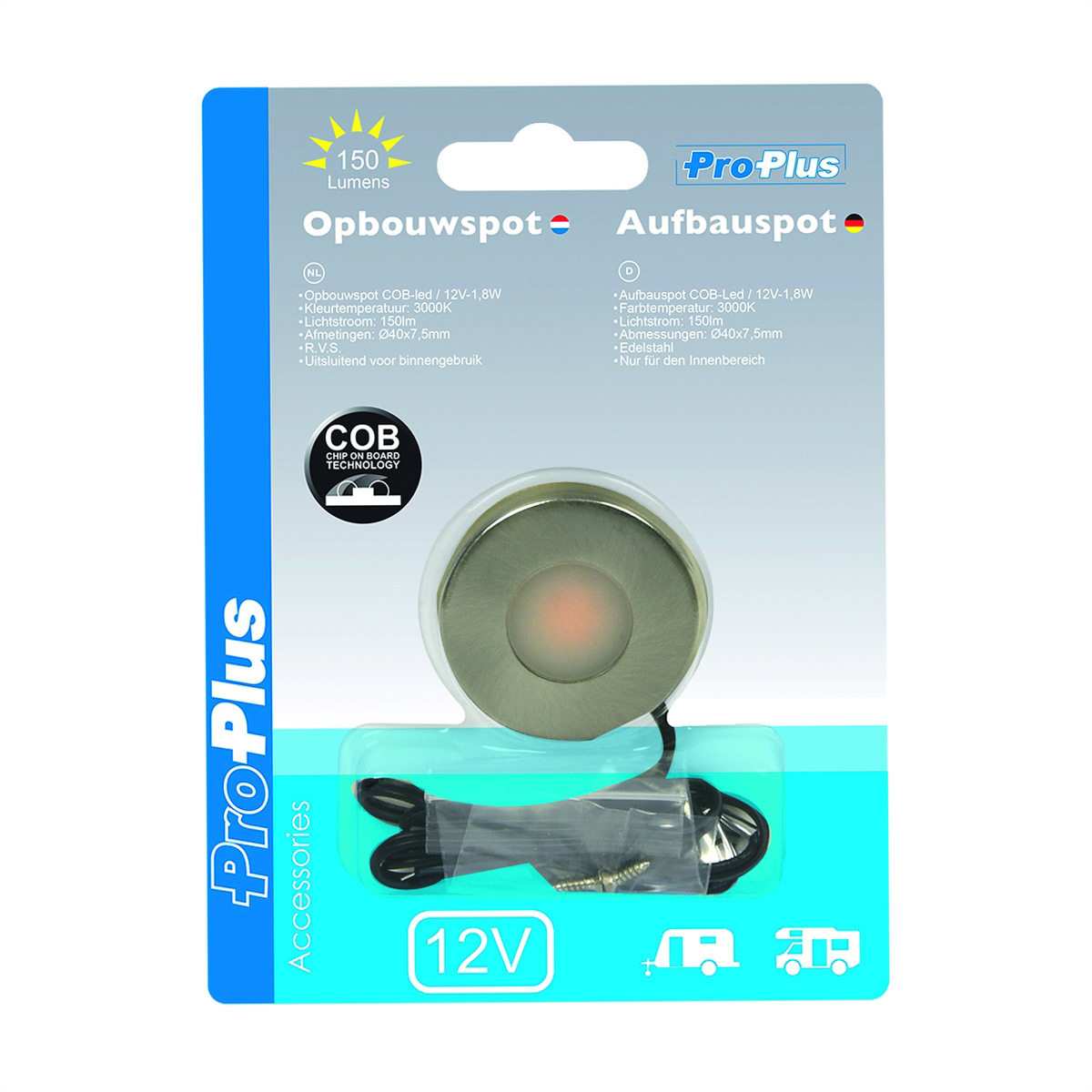 LED Aufbauspot COB 3000 - 12V - 3000K - 150lm - 1,8W - 4cm x 0,75cm - Edelstahl