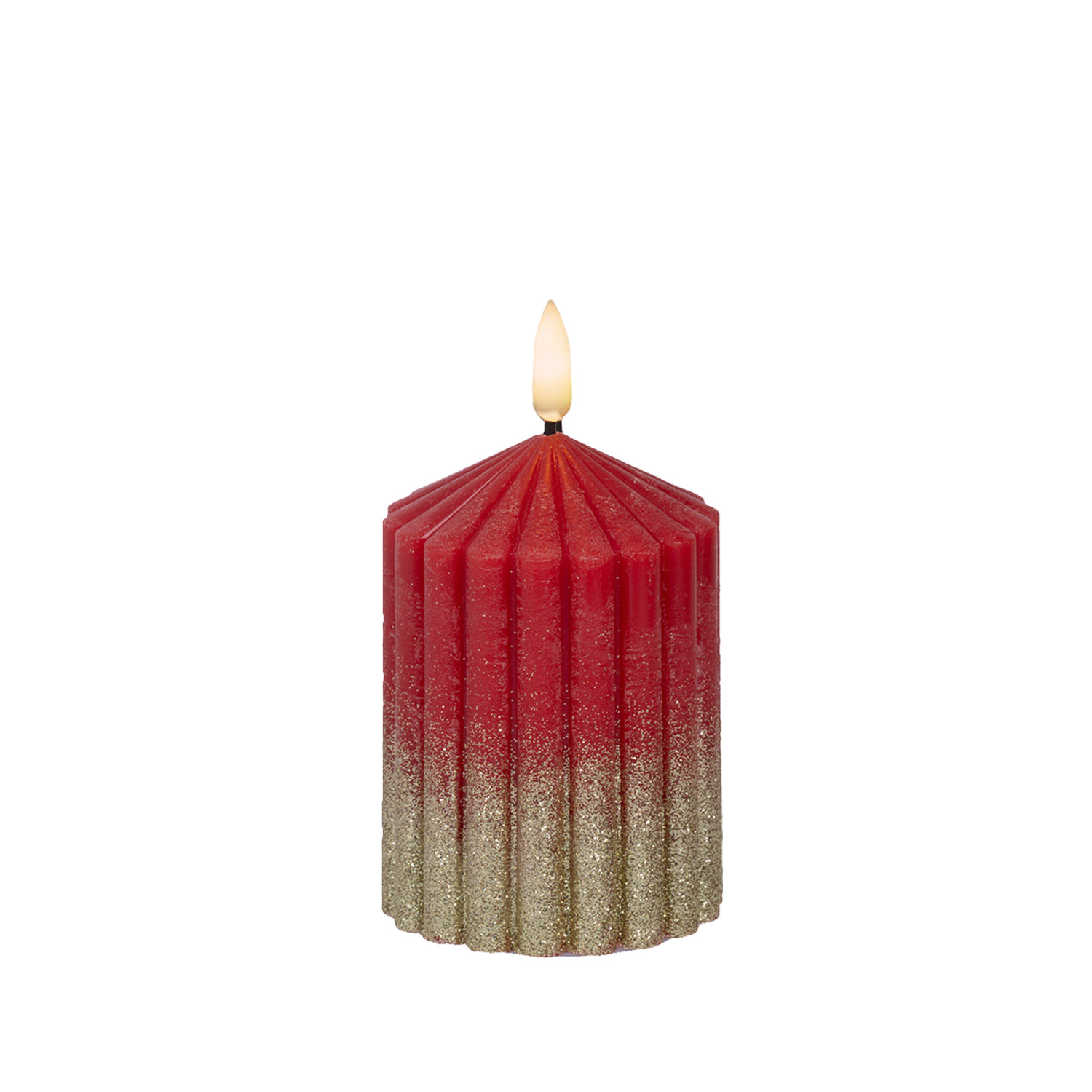 LED Kerze LIV - gerillt - Echtwachs - 3D Flamme - H: 10cm - D: 7cm - Timer - rot/gold