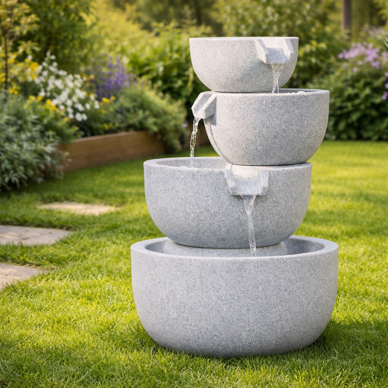 Outdoor Schalenbrunnen - 3 Kaskaden Solar LED Beleuchtung