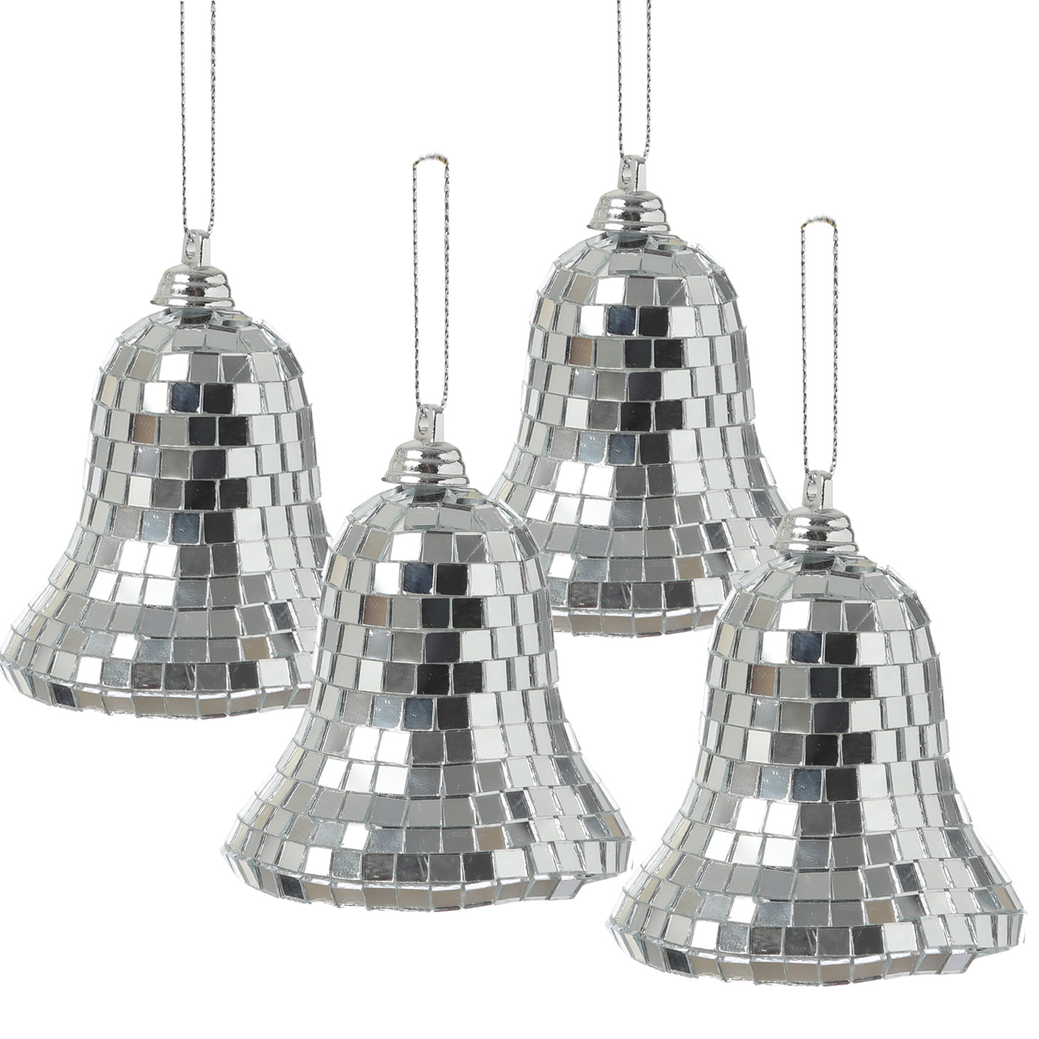 Christbaumschmuck Glocken - Weihnachtsbaumschmuck im Discokugel Look - H: 8cm - silber - 4er Set Christbaumschmuck Glocken - Weihnachtsbaumschmuck im Discokugel Look - H: 8cm - silber - 4er Set