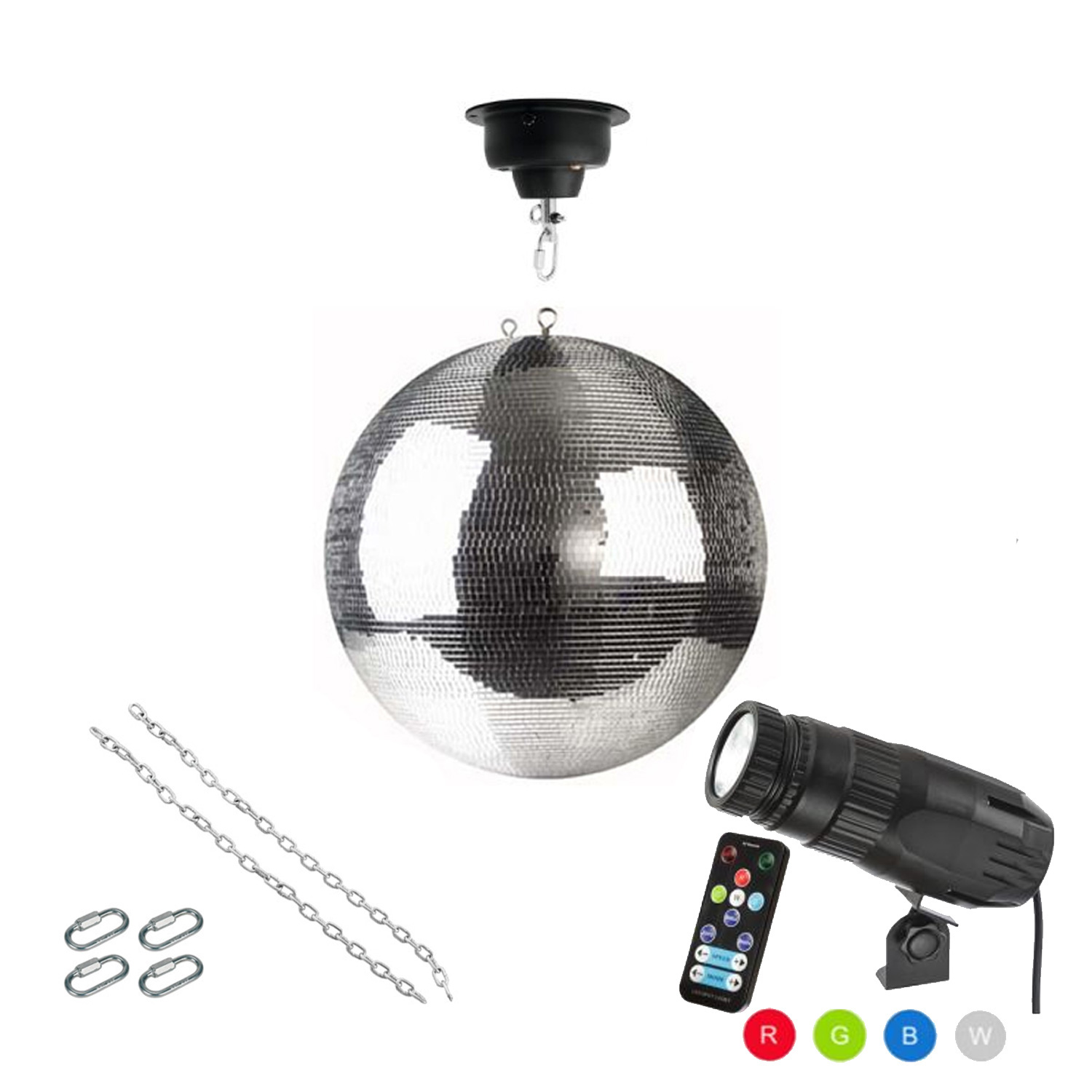 Spiegelkugel Komplettset - Discokugel, Motor, Pinspot, Montagematerial für Diskokugel - Mirrorball Set - Partyset