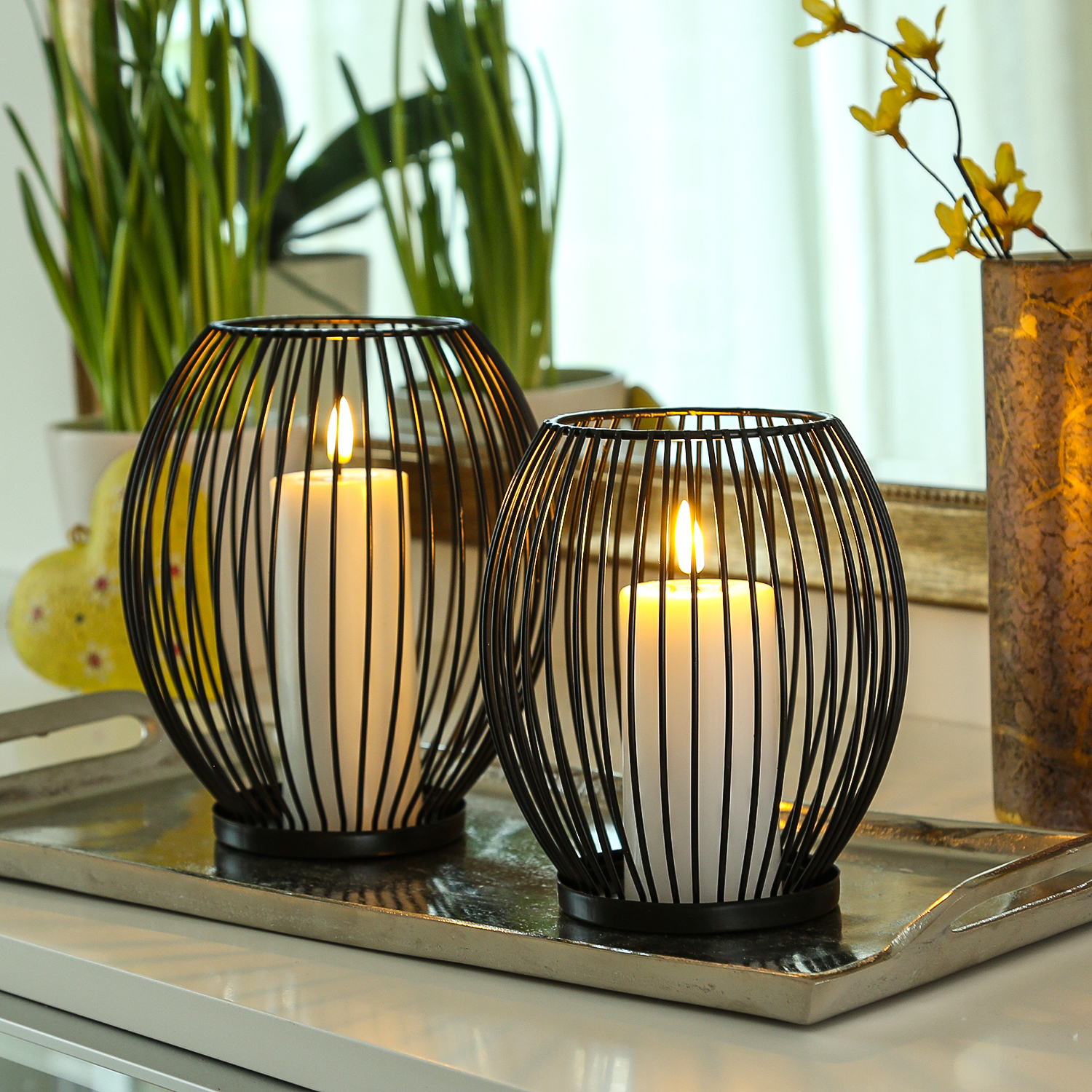 Drahtkerzenhalter - Windlicht - Dekoration - Metall - H: 18cm - H: 15,5cm - schwarz - 2er Set Drahtkerzenhalter - Windlicht - Dekoration - Metall - H: 18cm - H: 15,5cm - schwarz - 2er Set