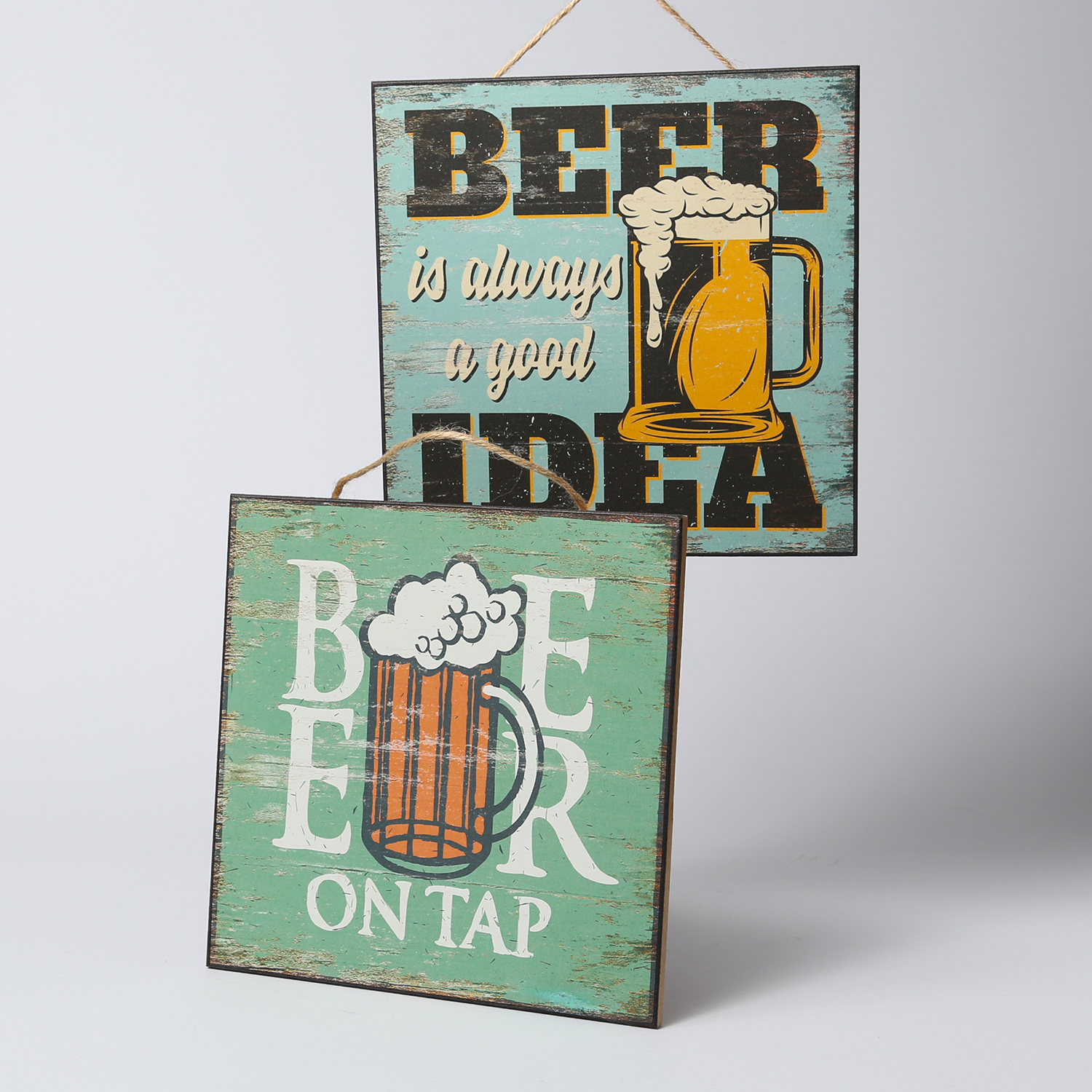 Wandschild BEER IDEA - Holz - Seilhalterung - H: 24cm - blau