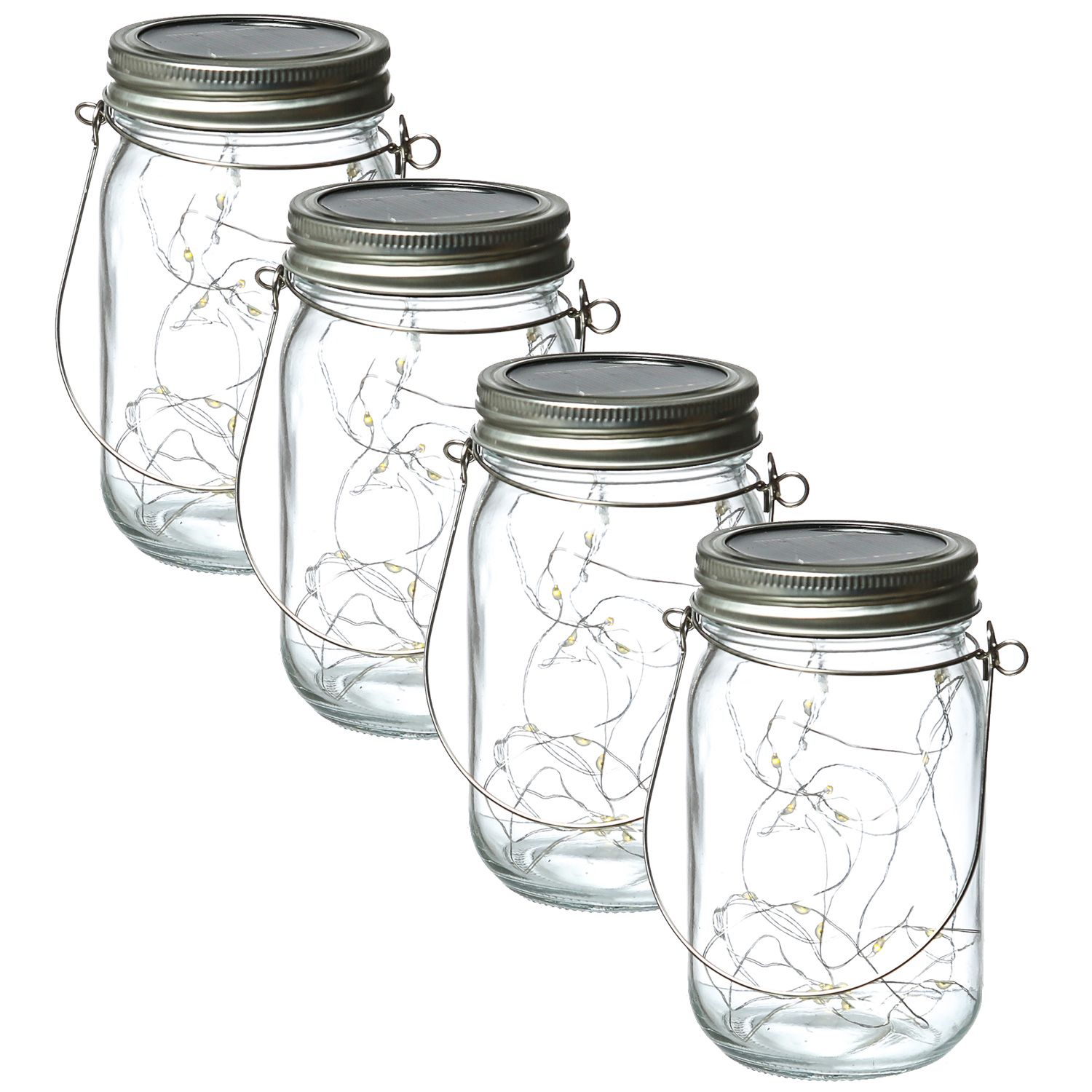 LED Solar Gläser - Windlichter mit Drahtlichterkette - Lichtsensor - H: 13cm - transparent - 4 Stück