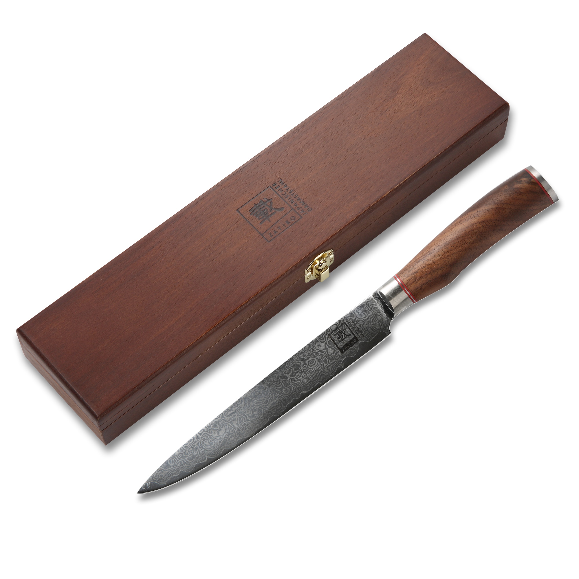 ZAYIKO Damastmesser KURUMI Fleischmesser - 20cm Klinge - Nussbaumgriff - VG-10 Stahlkern